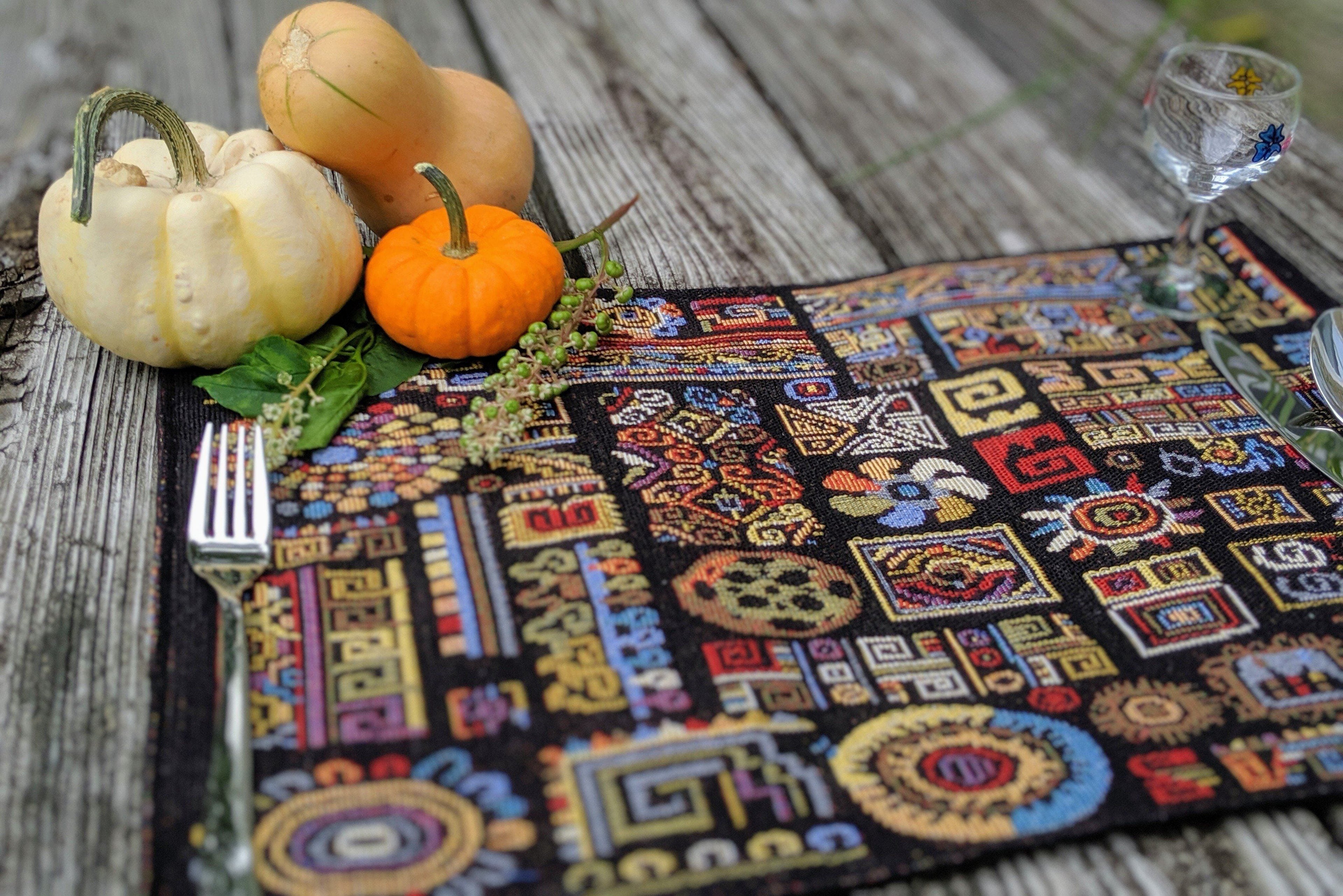 DaDa Bedding Set of 4-Pieces Ethnic Ornaments Geometric Black Tapestry Dining Placemats 13” x 19” (18118)