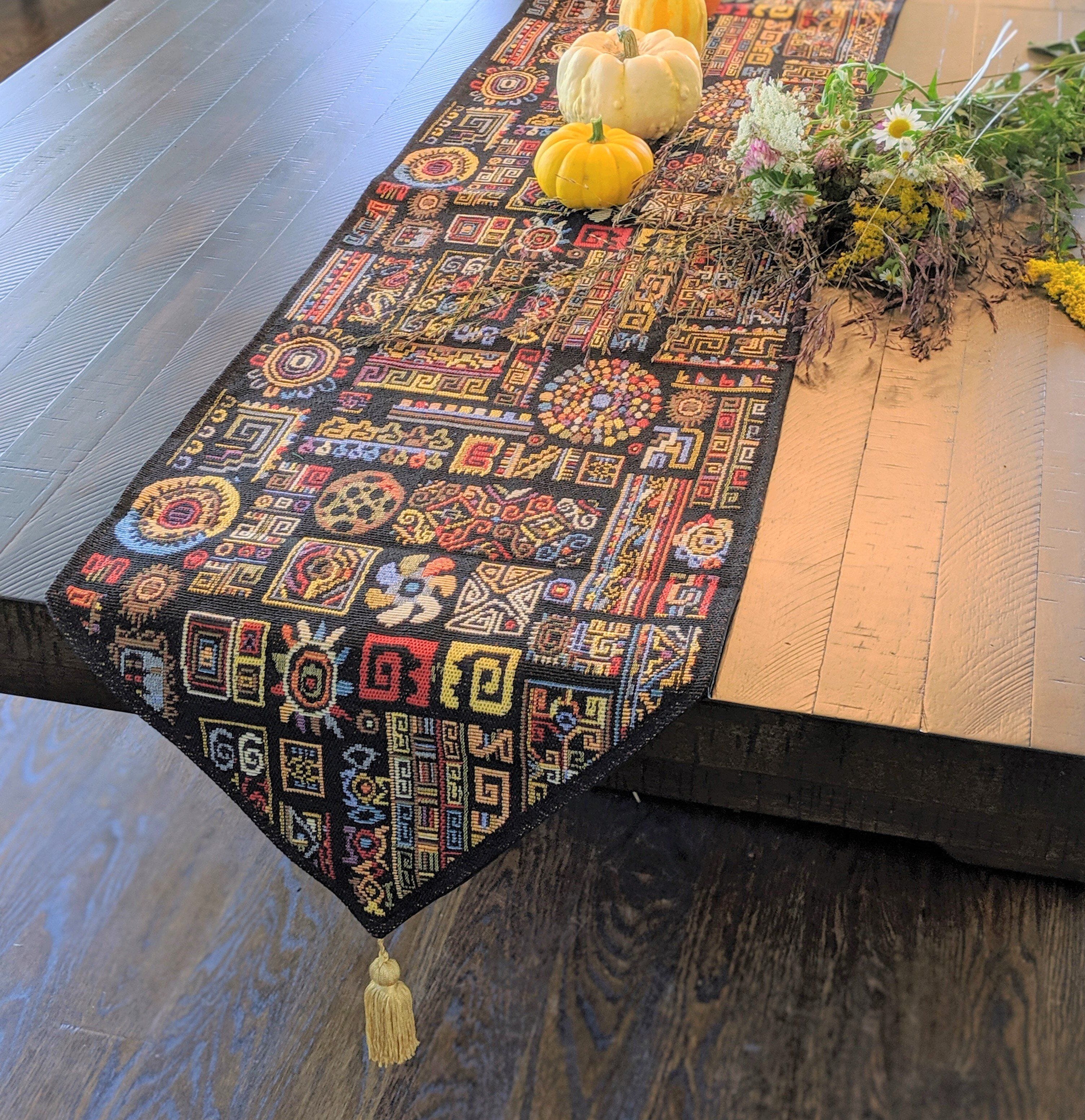 DaDa Bedding Set of 8 Pieces Ethnic Ornaments Table Woven Black Tapestry - 4 Placemats, 2 Table Runners, 2 Throw Pillow Covers (18118)