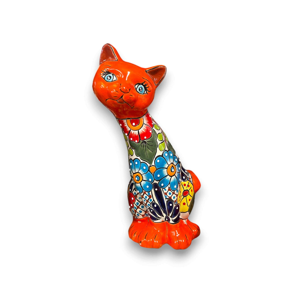 Talavera Curious Cat Statue | Mexican Folk Art Cat Figurine