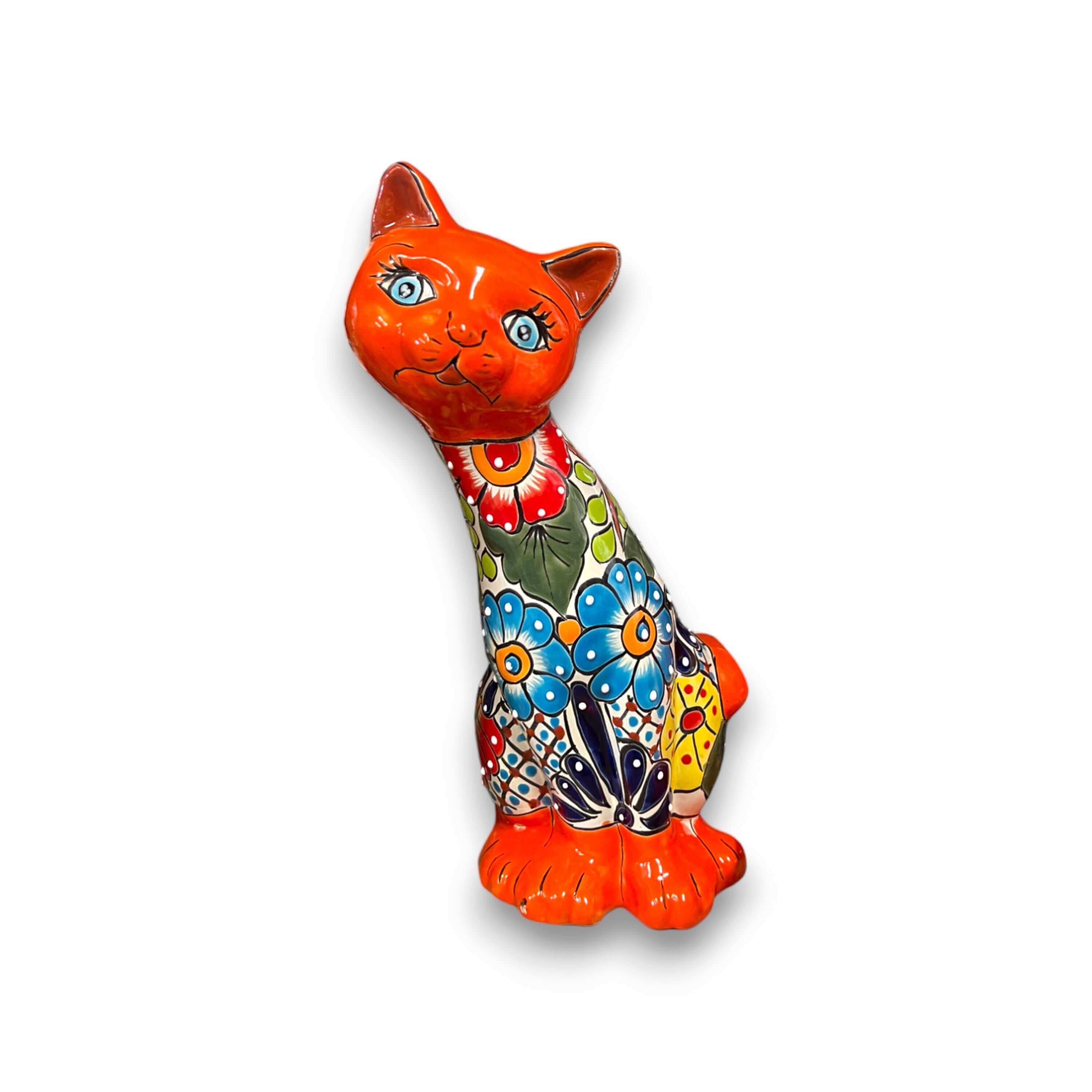 Talavera Curious Cat Statue | Mexican Folk Art Cat Figurine
