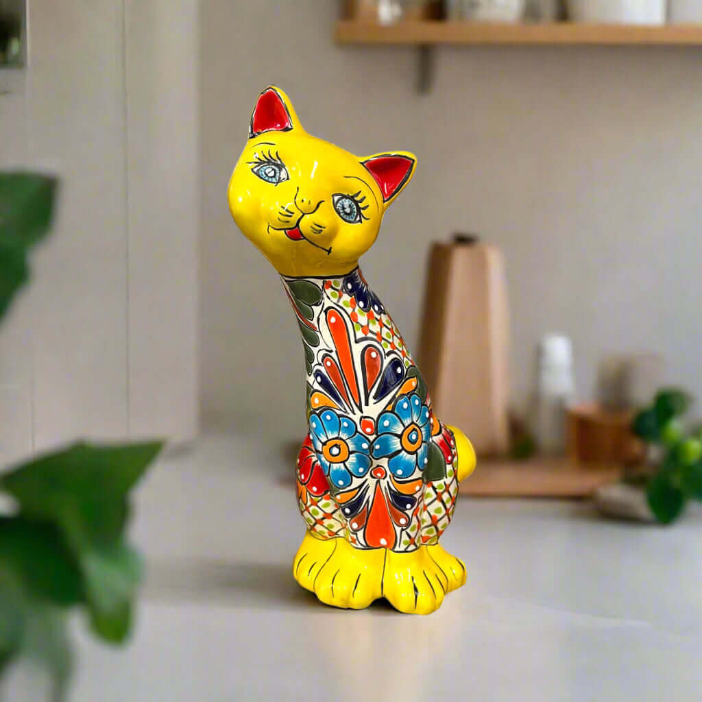 Talavera Curious Cat Statue | Mexican Folk Art Cat Figurine