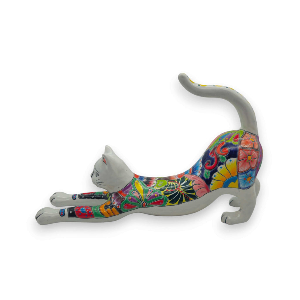 Talavera Stretching Cat Figurine | Multicolor Mexican Art
