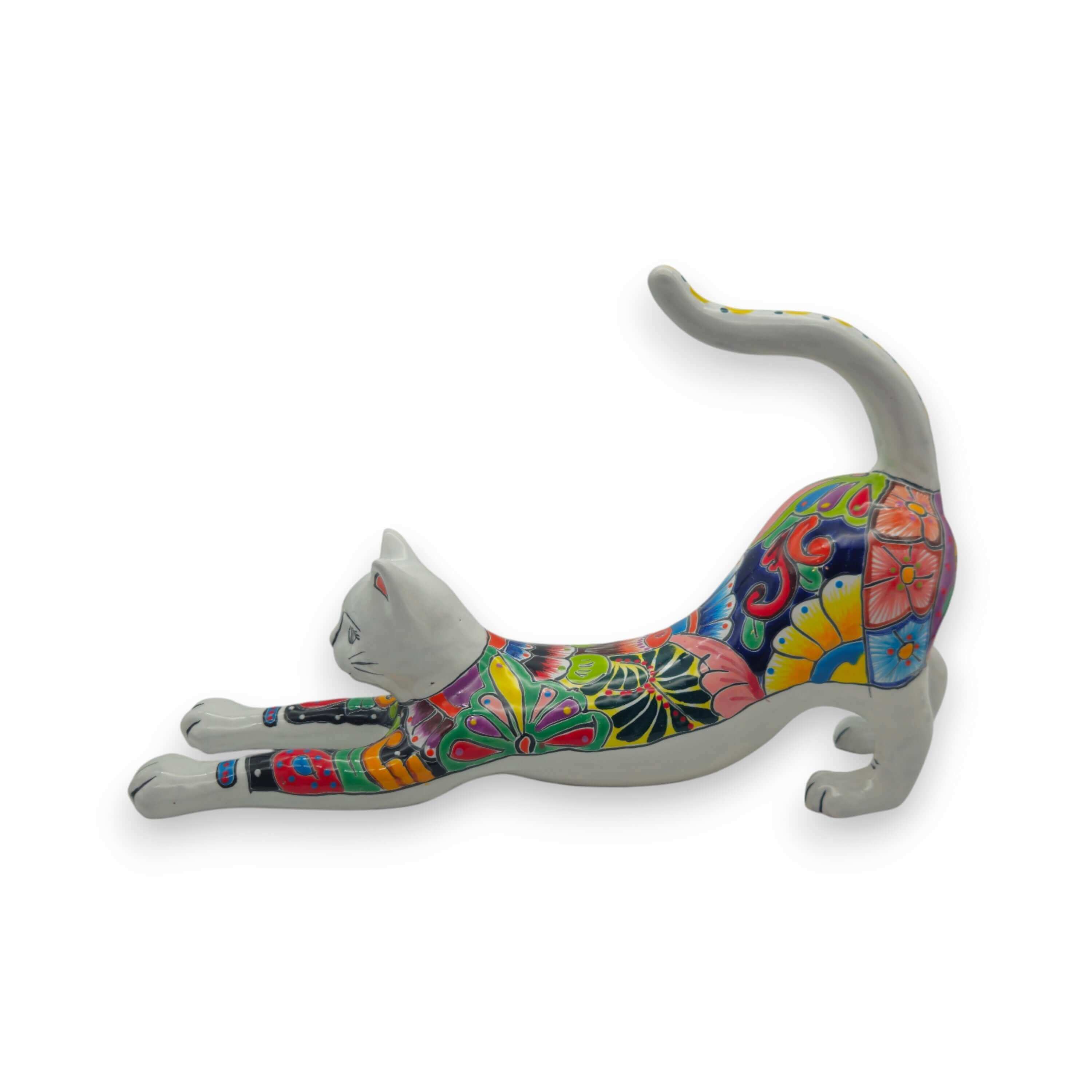 Talavera Stretching Cat Figurine | Multicolor Mexican Art