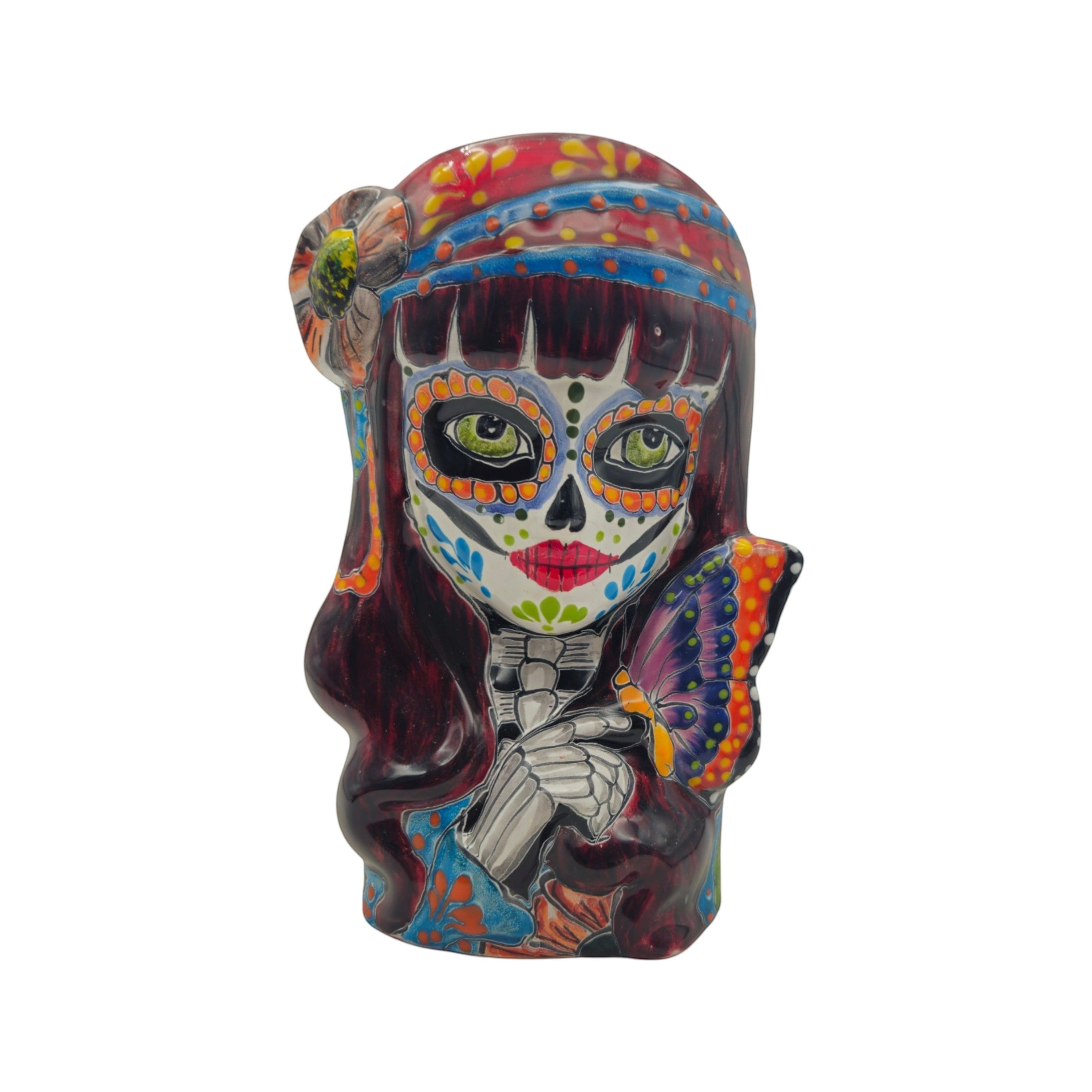 Talavera Butterfly Skull Planter | Colorful Day of the Dead Design