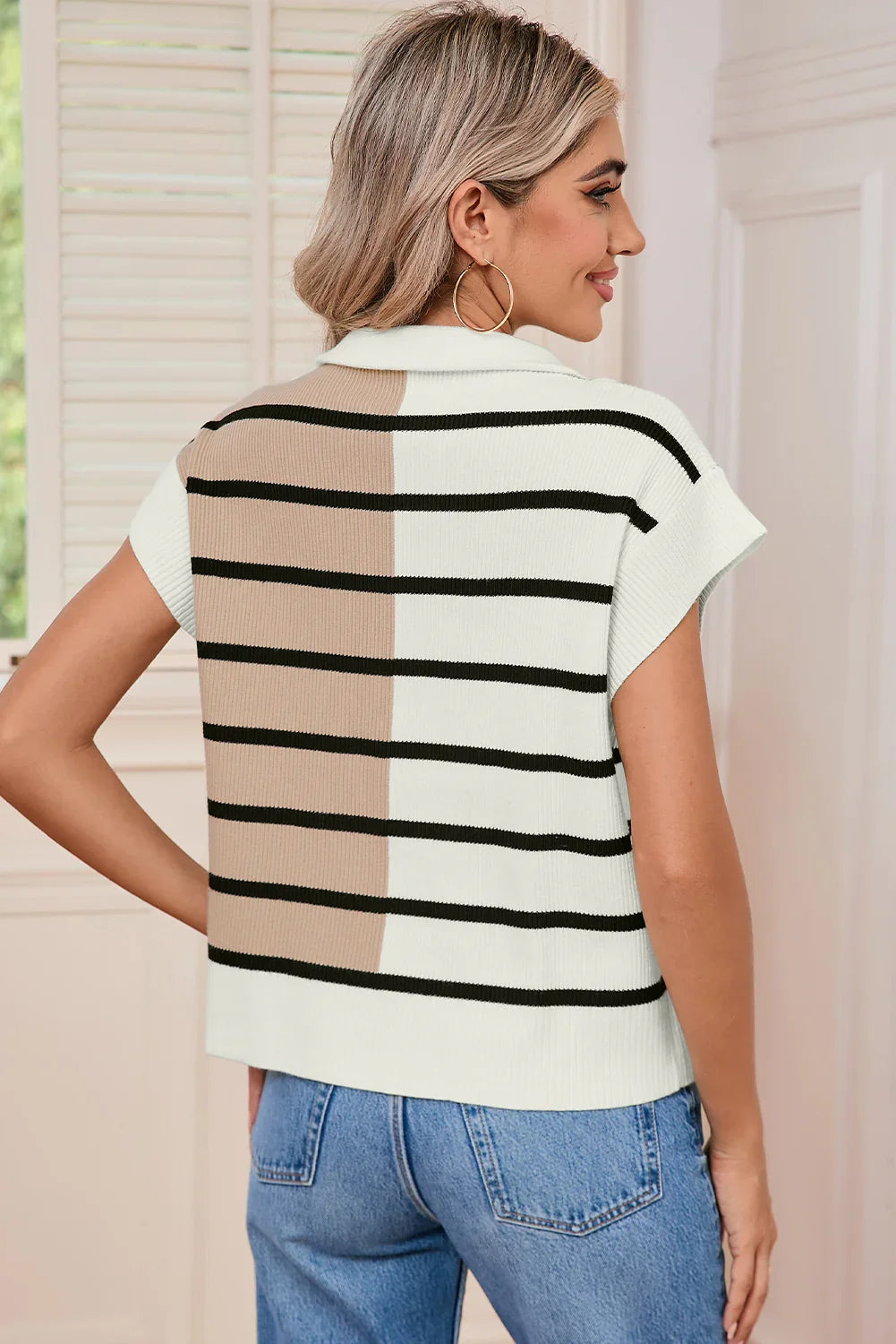 Black Stripe Quarter Zip Collar Knit Vest