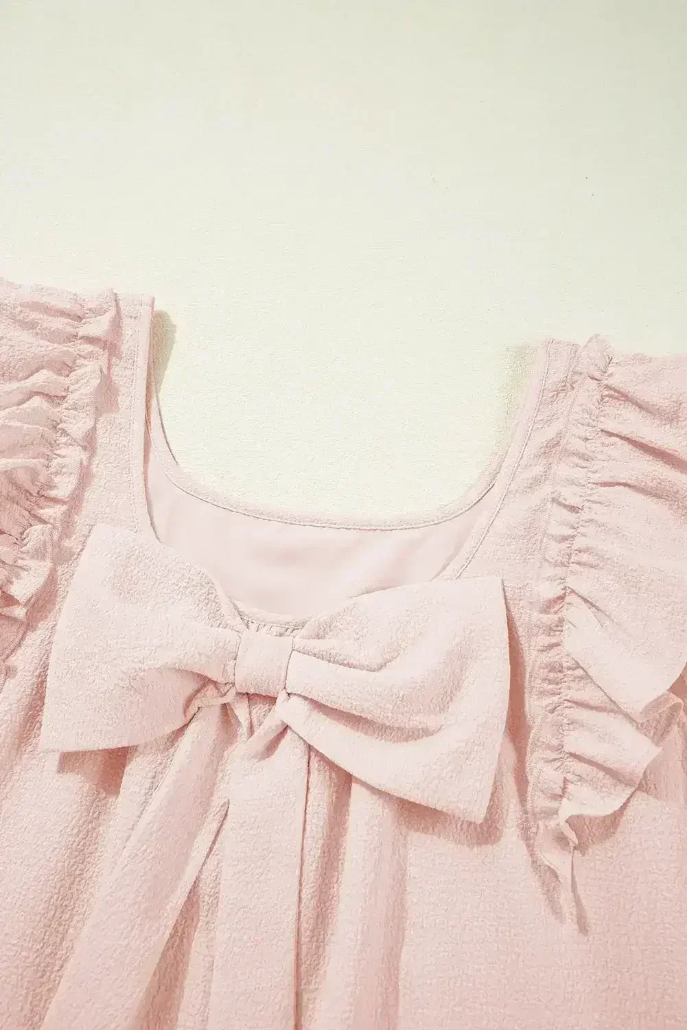 Light Pink Textured Flutter Sleeve Square Neck Bow Back Mini Dress