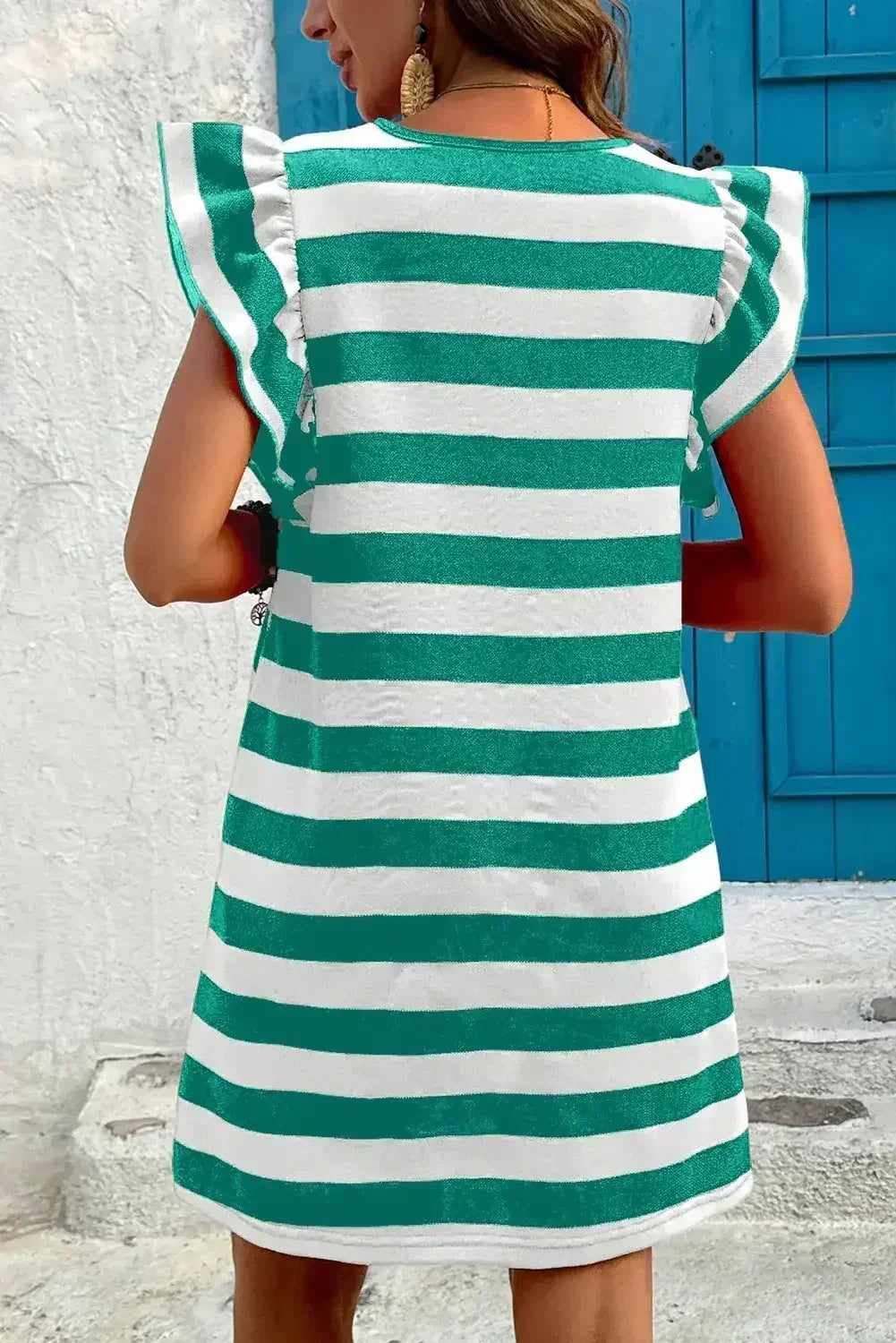 Black Stripe Flutter Sleeve Round Neck Shift Mini Dress