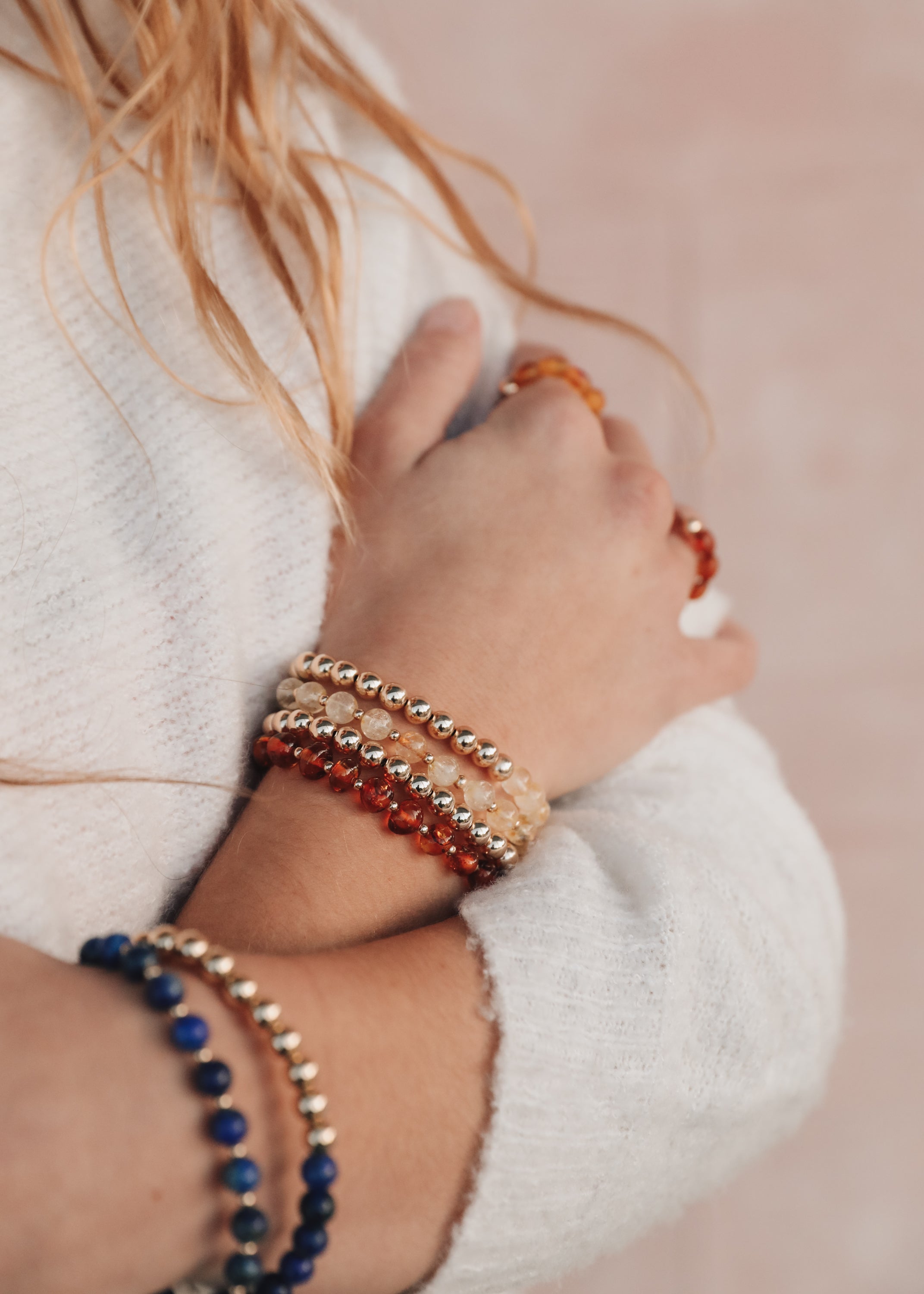 Rose Quartz : 14k Gold Filled Sun + Moon || Stretch Bracelets
