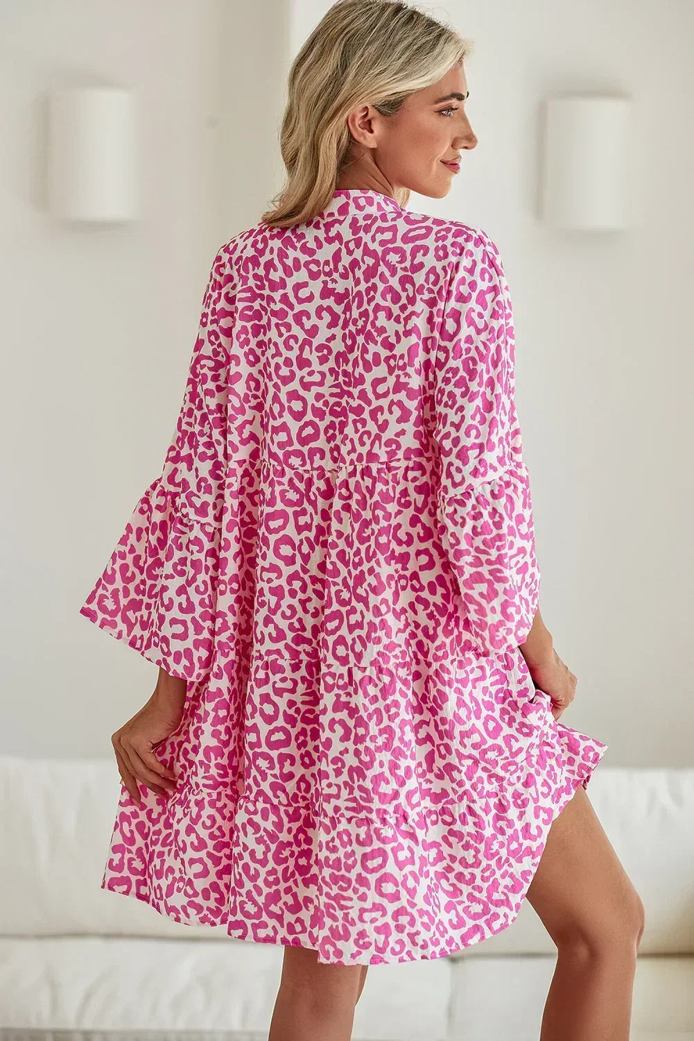 Bright Pink Leopard Print Flounce Sleeve Mini Dress