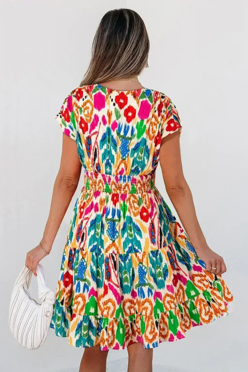 Sky Blue Abstract Print V Neck Dolman Sleeve Ruffle Tiered Mini Dress
