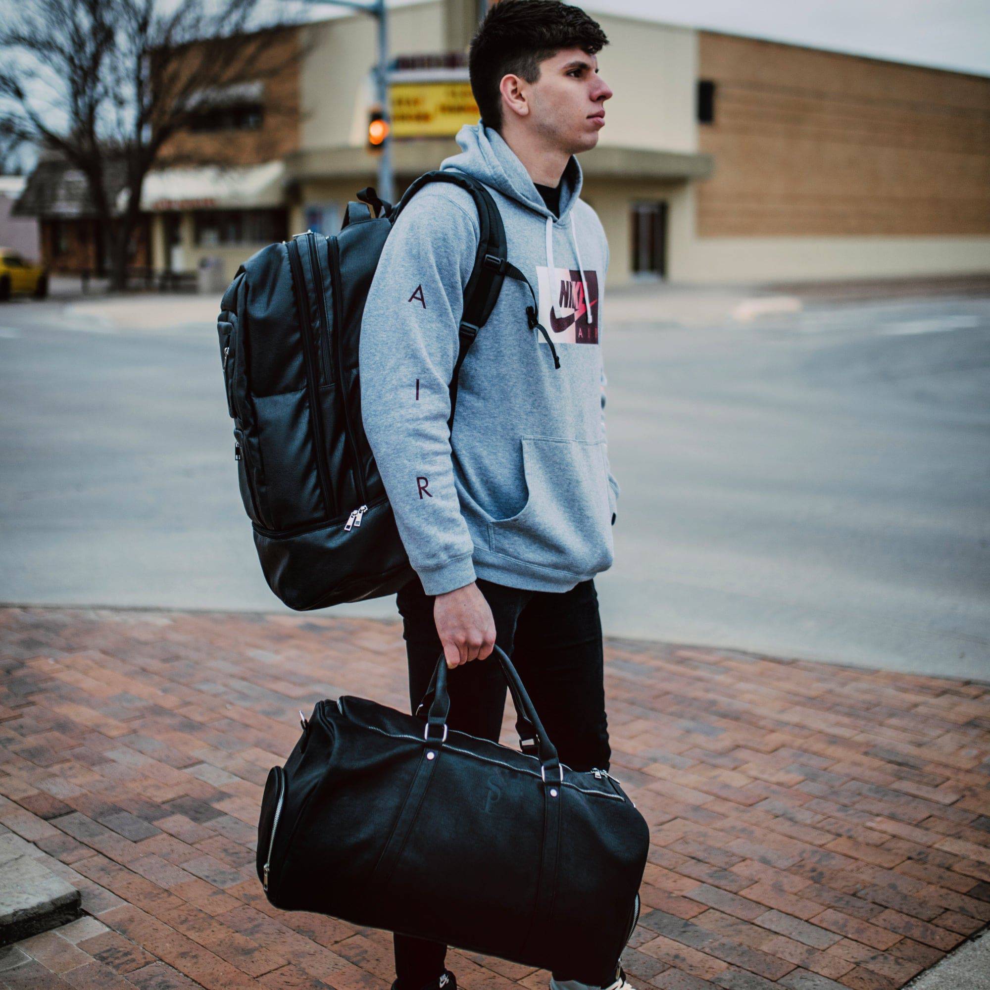 Black Leather Signature Bag Set (Signature Backpack and Duffle Bag)