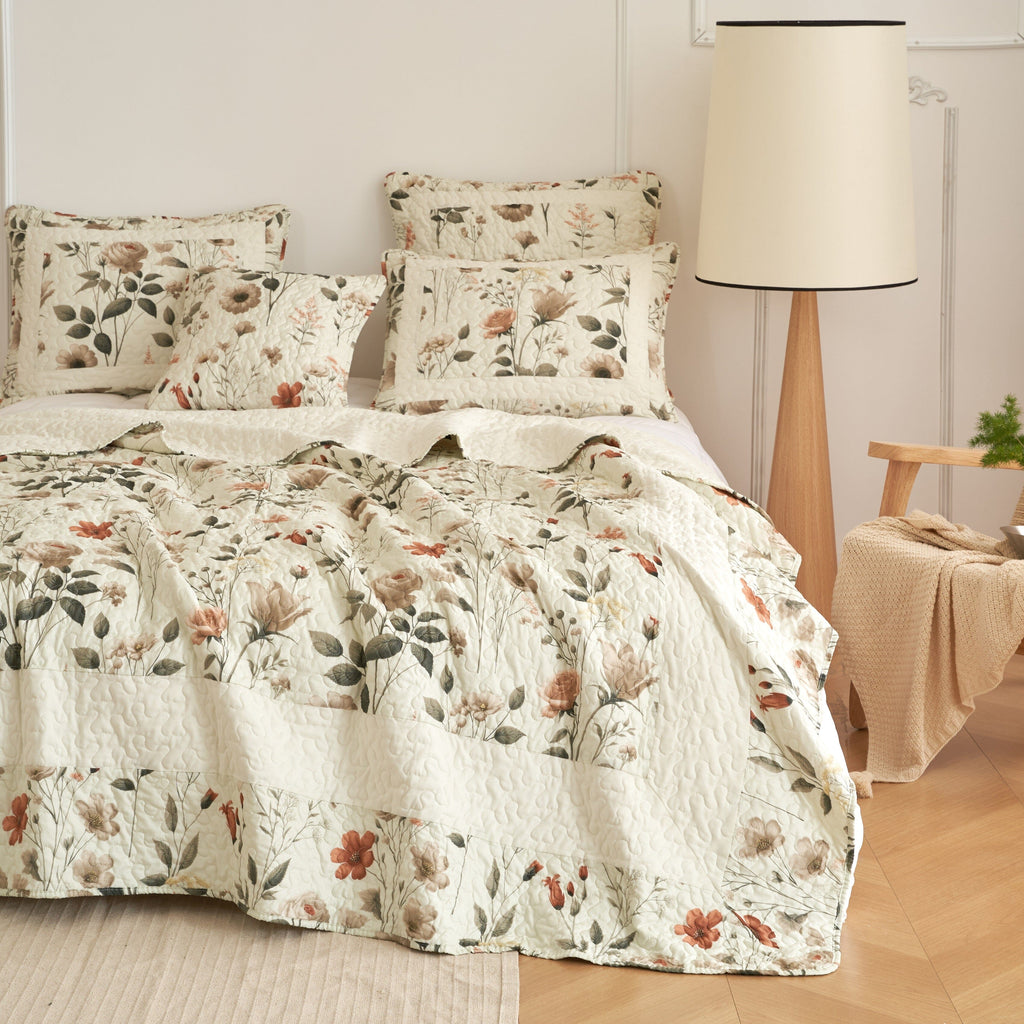 DaDalogy Enchanted Meadow Bed in a bag Set - Victoria Garden Delicate Floral Symphony in Beige, Rose, and Soft Green, Luxuriously Soft Quilted Set
