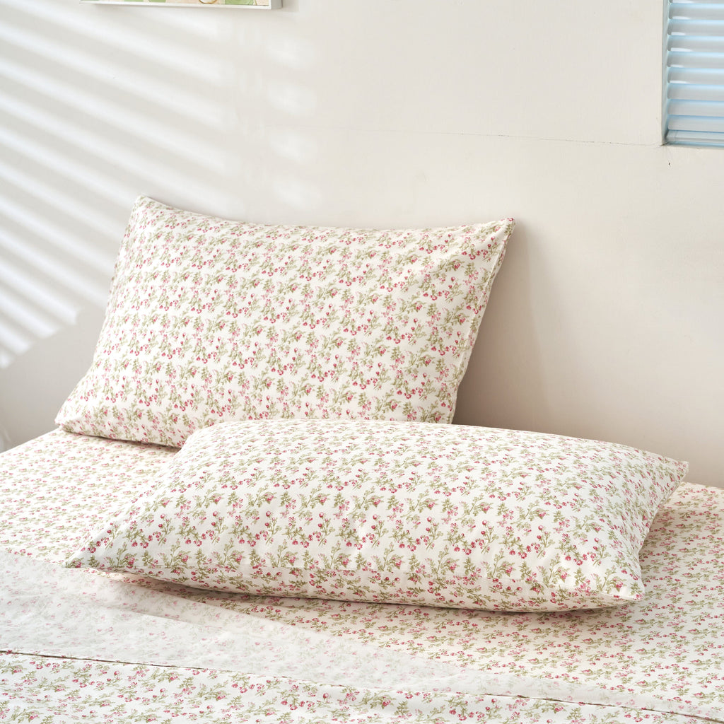DaDa Bedding Collection Romantic Coquette Sheet Set - 100% Cotton [ Poplin Cotton ] Floral Fitted & Flat Sheets with Pillowcases - Deep Pocket Design - Soft, Breathable, Wrinkle-Resistant