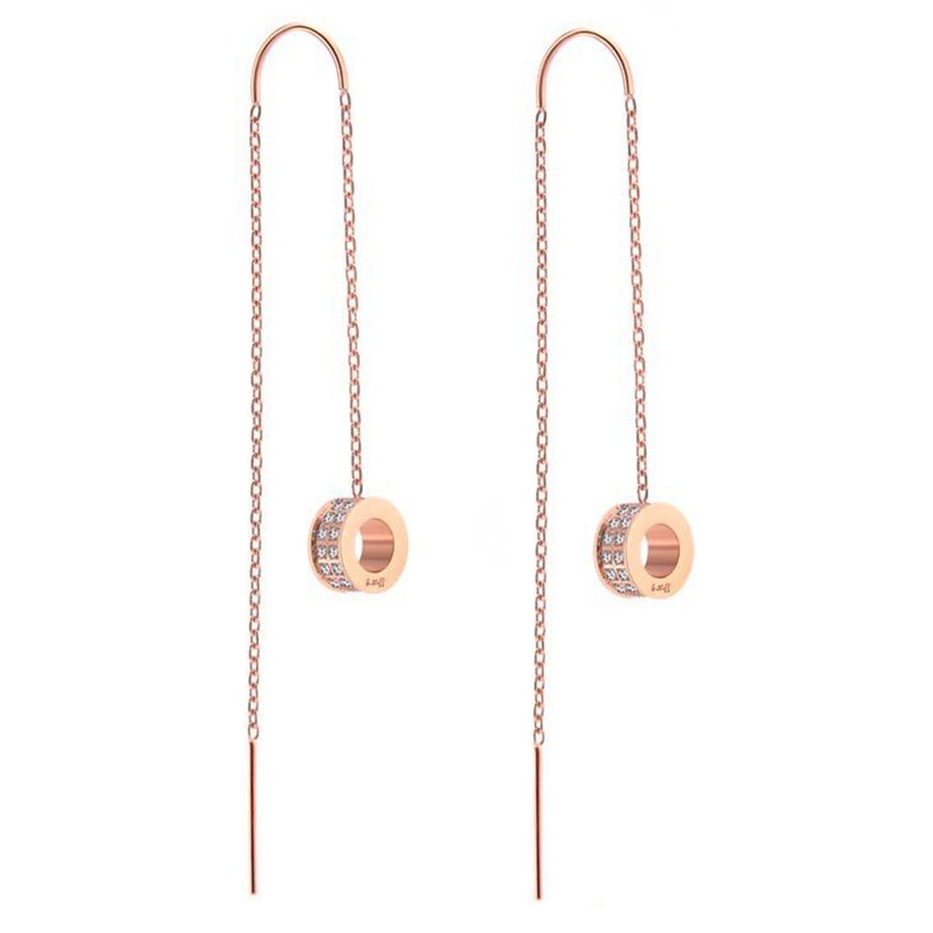 ER228RG B.Tiff Rose Gold Thread Dangling Pavé Circle Earrings