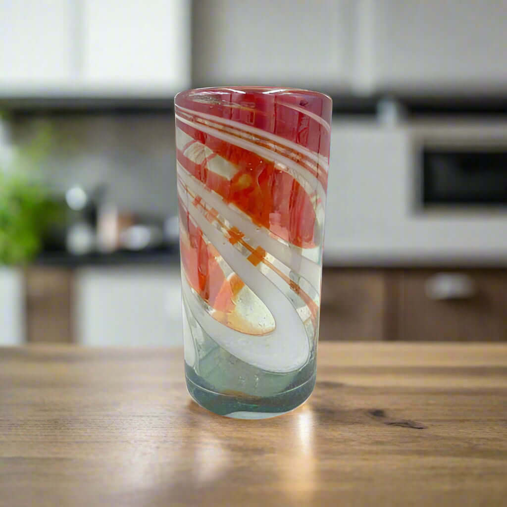 Festive Hand-Blown Tumbler Glass | Red & White Candy Cane Design