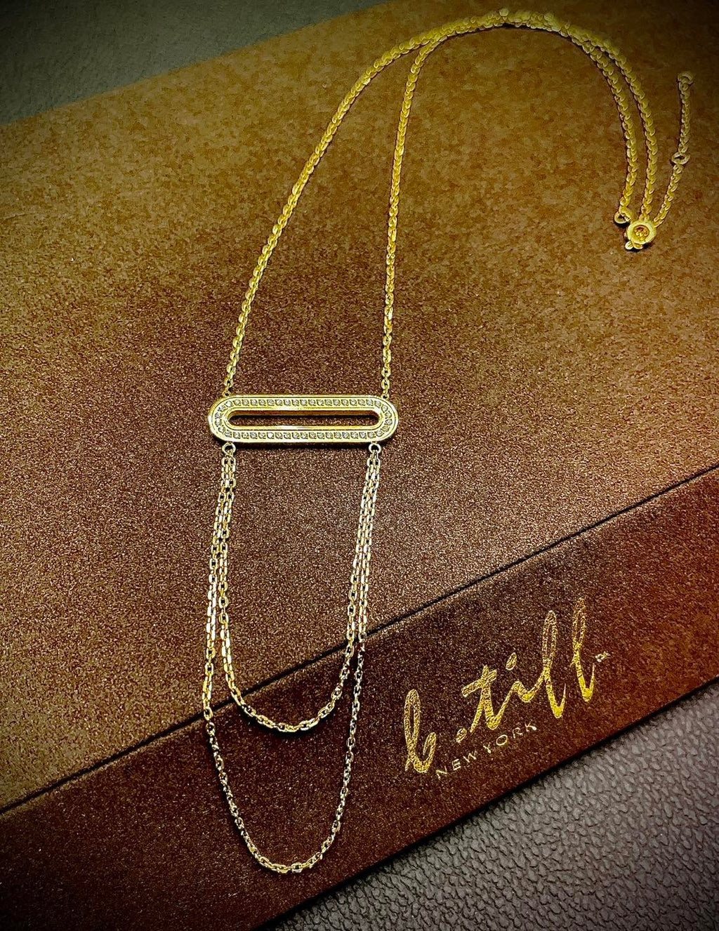 PT630G B.Tiff Gold Pavé Double Chain Oblong Pendant Necklace