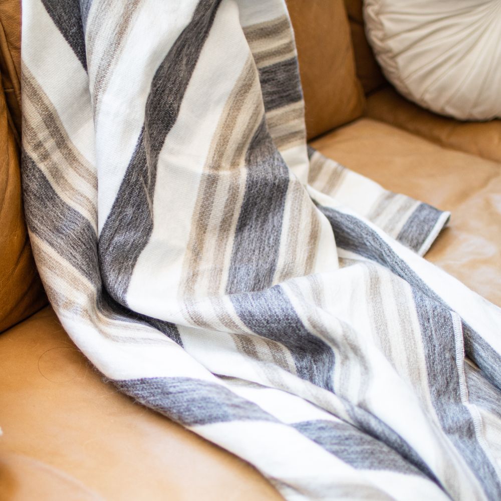 Alpaca Throw Blanket Handwoven From Ecuador - Nawi Collection - Cream & Camel
