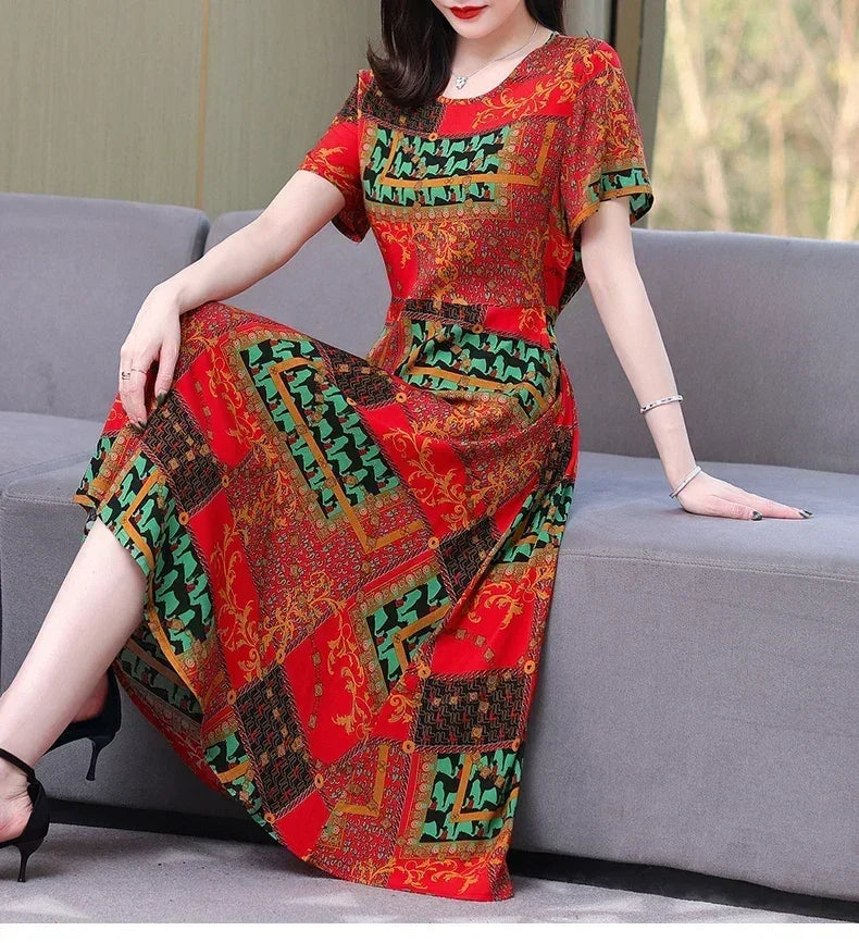 New Fashion Casual 2024 Summer Elegant Dresses For Women O-Neck Print Vintage Short Sleeve Dress Loose Women Clothing