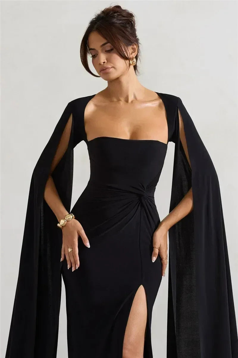 Mozision Long Cape Sleeve Split Maxi Dress For Women Gown Fashion Solid Square Collar Evening Sexy Long Dress Elegant New