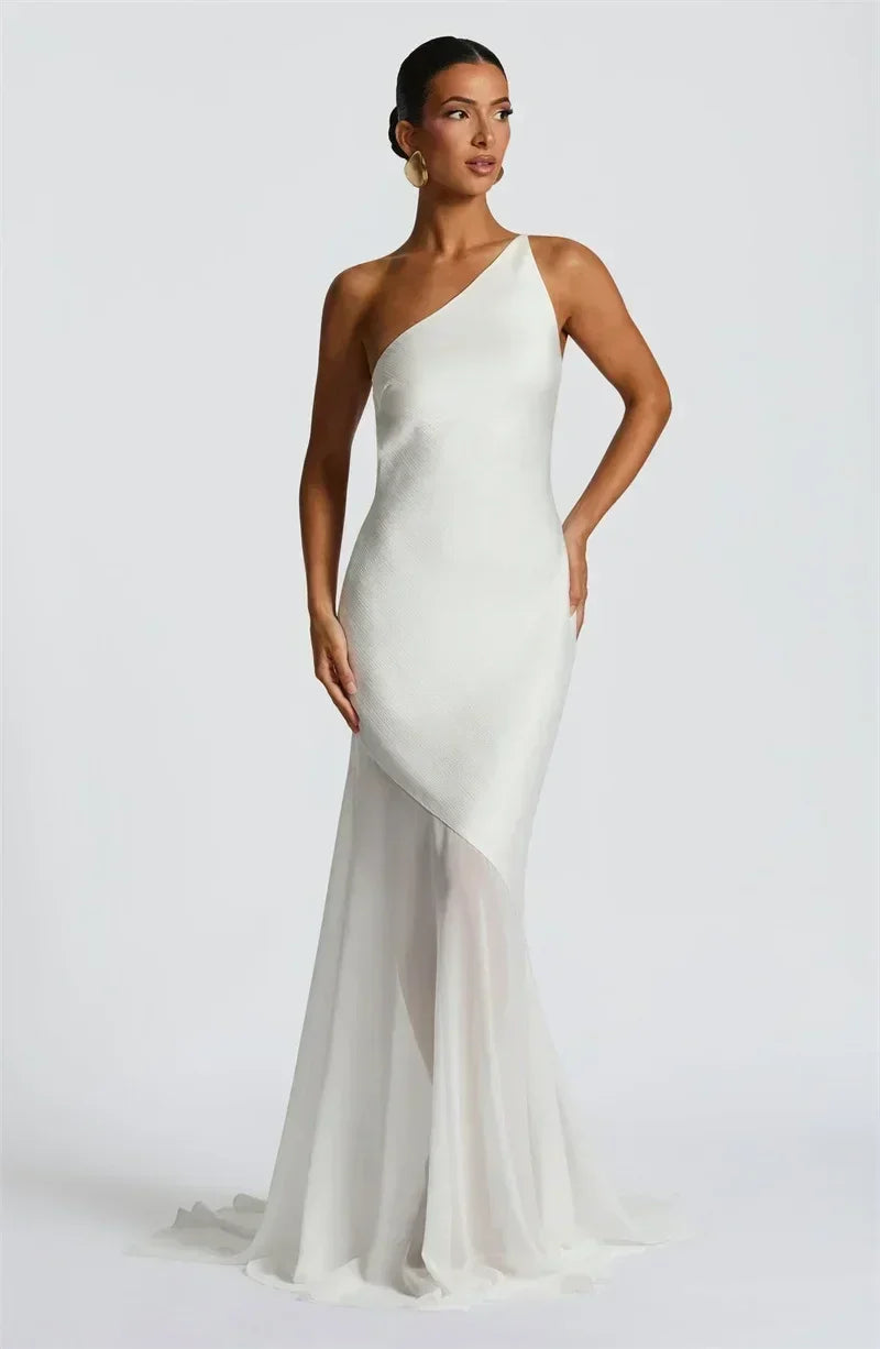 Mozision One Shoulder Backless Sexy Maxi Dress Women Gown Fashion Patchwork Sleeveless Bodycon Club Party Long Dress Elegant