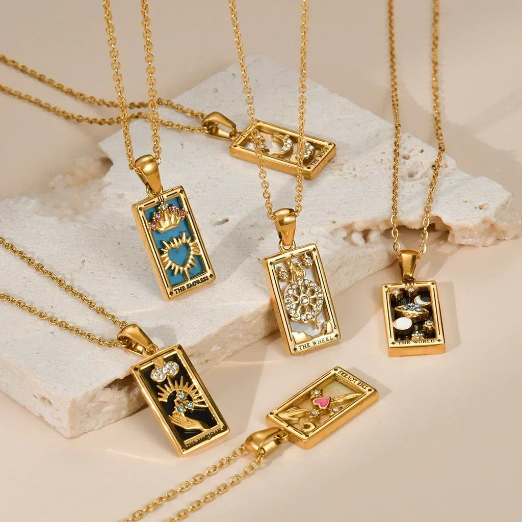 YILUOCD Original Zirconia Tarot Card Necklace Classic Tarot Queen Lover Magician Moon Wealth Amulet Stainless Steel Jewelry