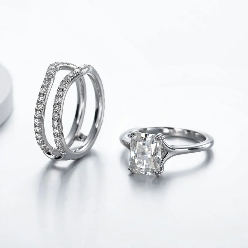 DEZO 4.05cttw All Moissanite S925 Silver Wedding Ring Sets for Women Main Stone 3ct Radiant Cut D Color GRA Certificate