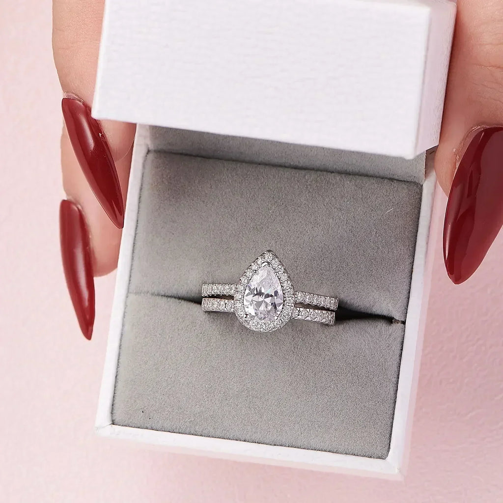 Newshe 2 Pieces Tear Drop Shape Engagement Ring Wedding Band for Women 925 Silver Bridal Jewelry High Grade Cubic Zircons