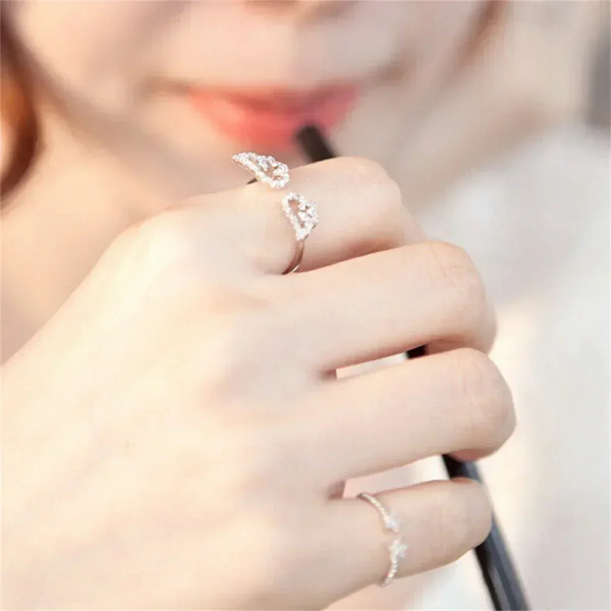 Korean Light Luxury Zircon Angel Wings Ring Elegant Silver Color Adjustable Finger Rings For Women Party Birthday Jewelry Gift