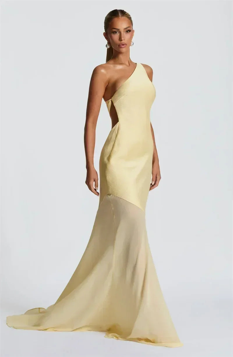 Mozision One Shoulder Backless Sexy Maxi Dress Women Gown Fashion Patchwork Sleeveless Bodycon Club Party Long Dress Elegant