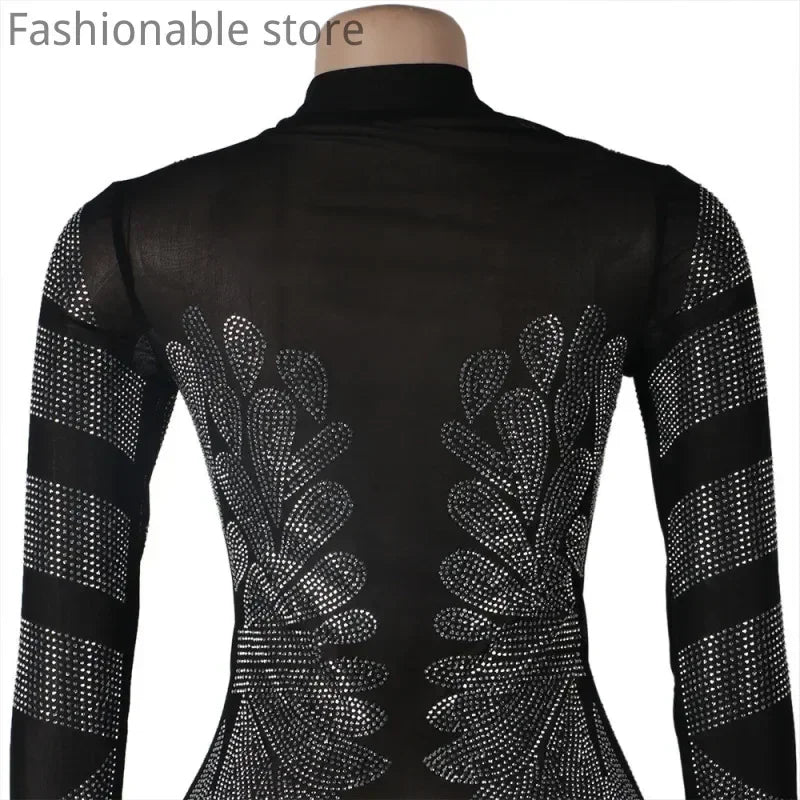Women Sexy Solid Color Sheer Mesh Rhinestone Design Bodycon Nightclub Party Dress