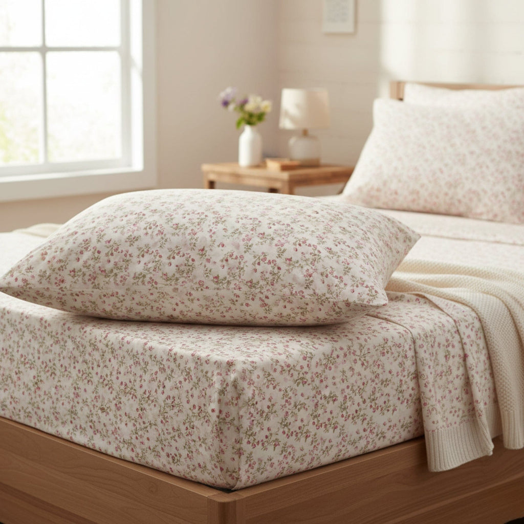 DaDa Bedding Collection Romantic Coquette Sheet Set - 100% Cotton [ Poplin Cotton ] Floral Fitted & Flat Sheets with Pillowcases - Deep Pocket Design - Soft, Breathable, Wrinkle-Resistant