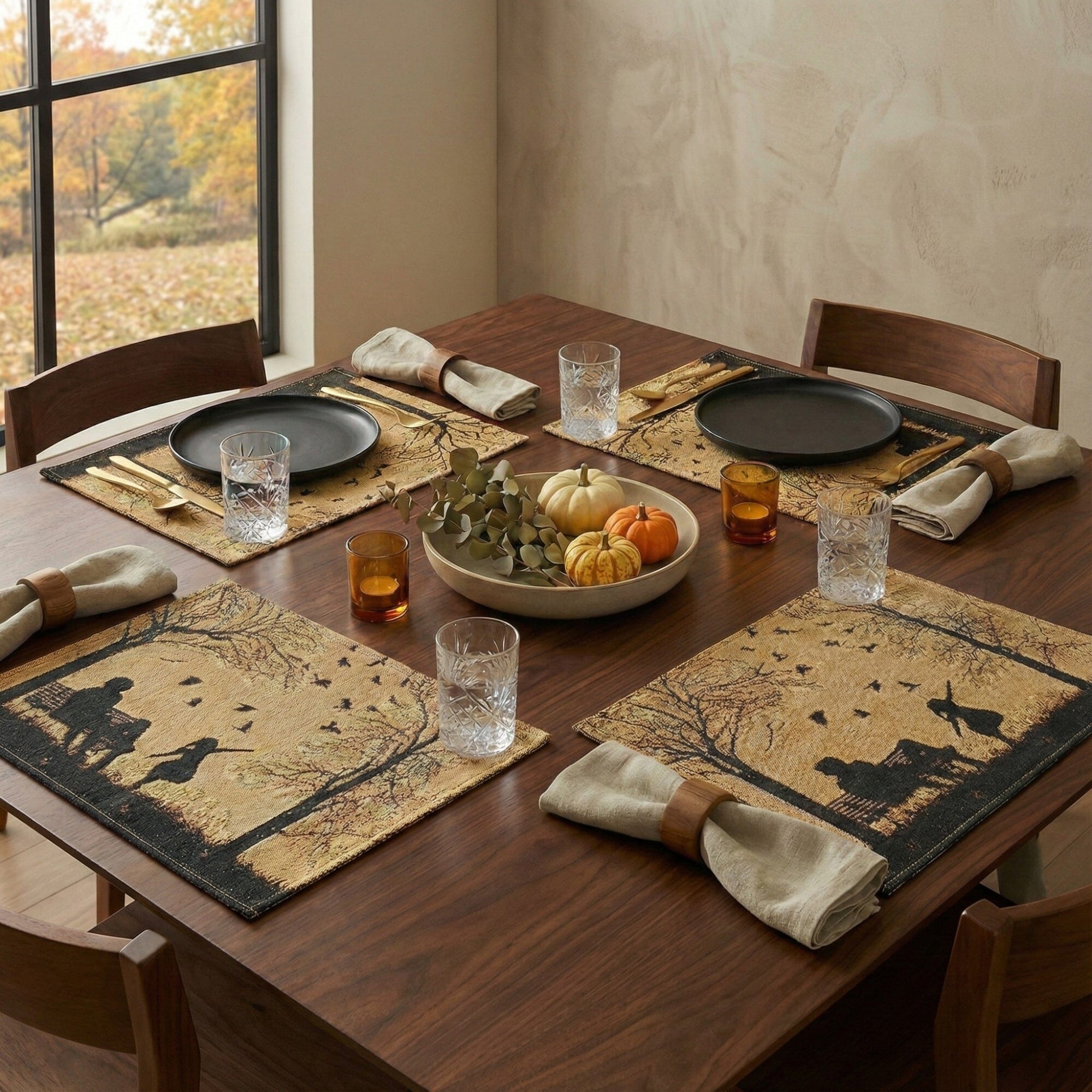 DaDalogy Bedding Set of 4 Pieces Autumn Birds Blessing Tapestry Dining Placemats 13” x 19” (Thanksgiving)