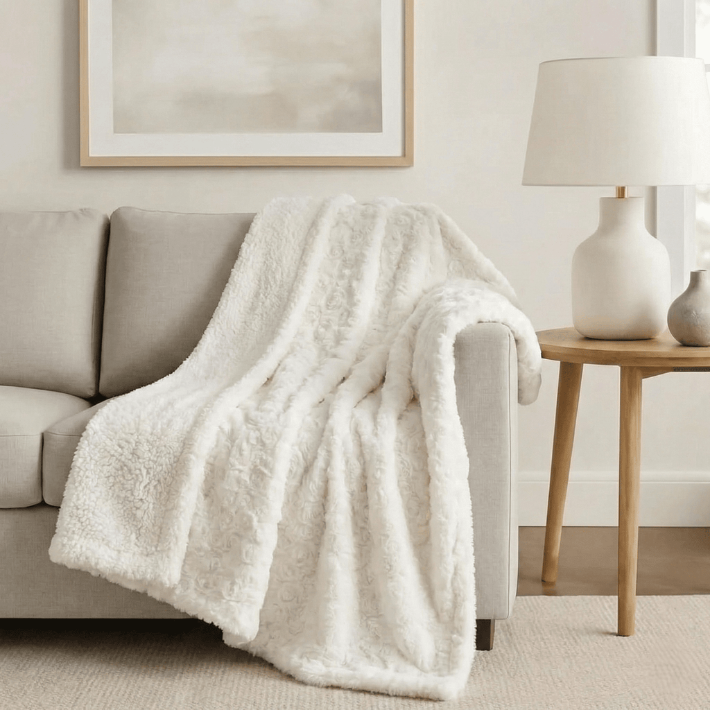 DaDa Bedding Luxury White Roses Fluffy Soft Sherpa Backside Faux Fur Throw Blanket (K11)