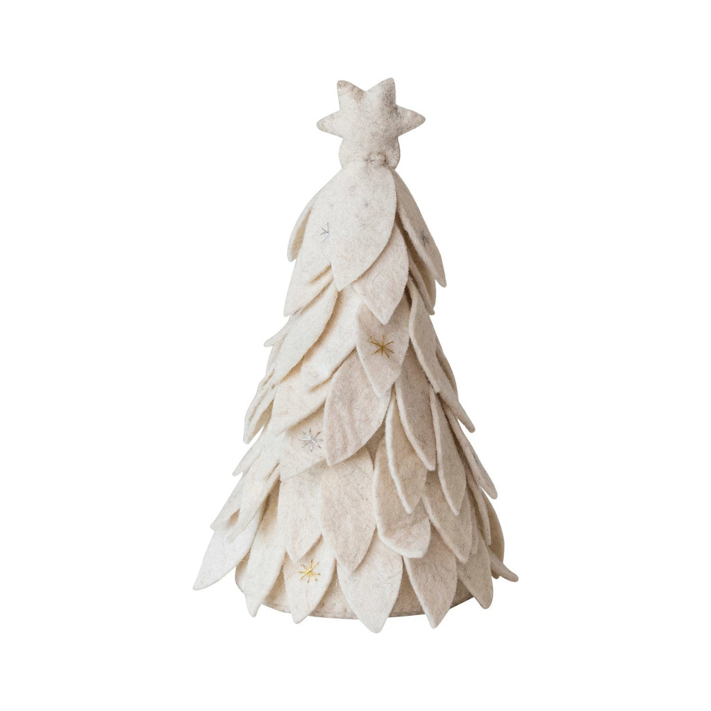 Cream Handmade Wool Felt Christmas Trees with Star & Gold Jingle Bells
