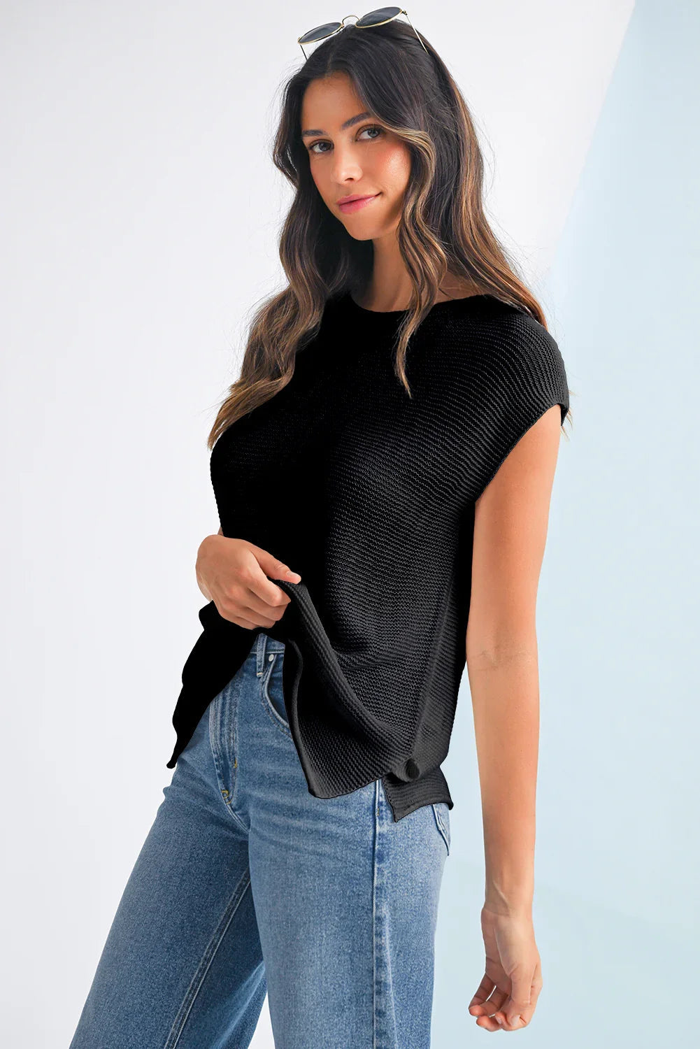 Sachet Pink Solid Color Side Slits Knit Tee