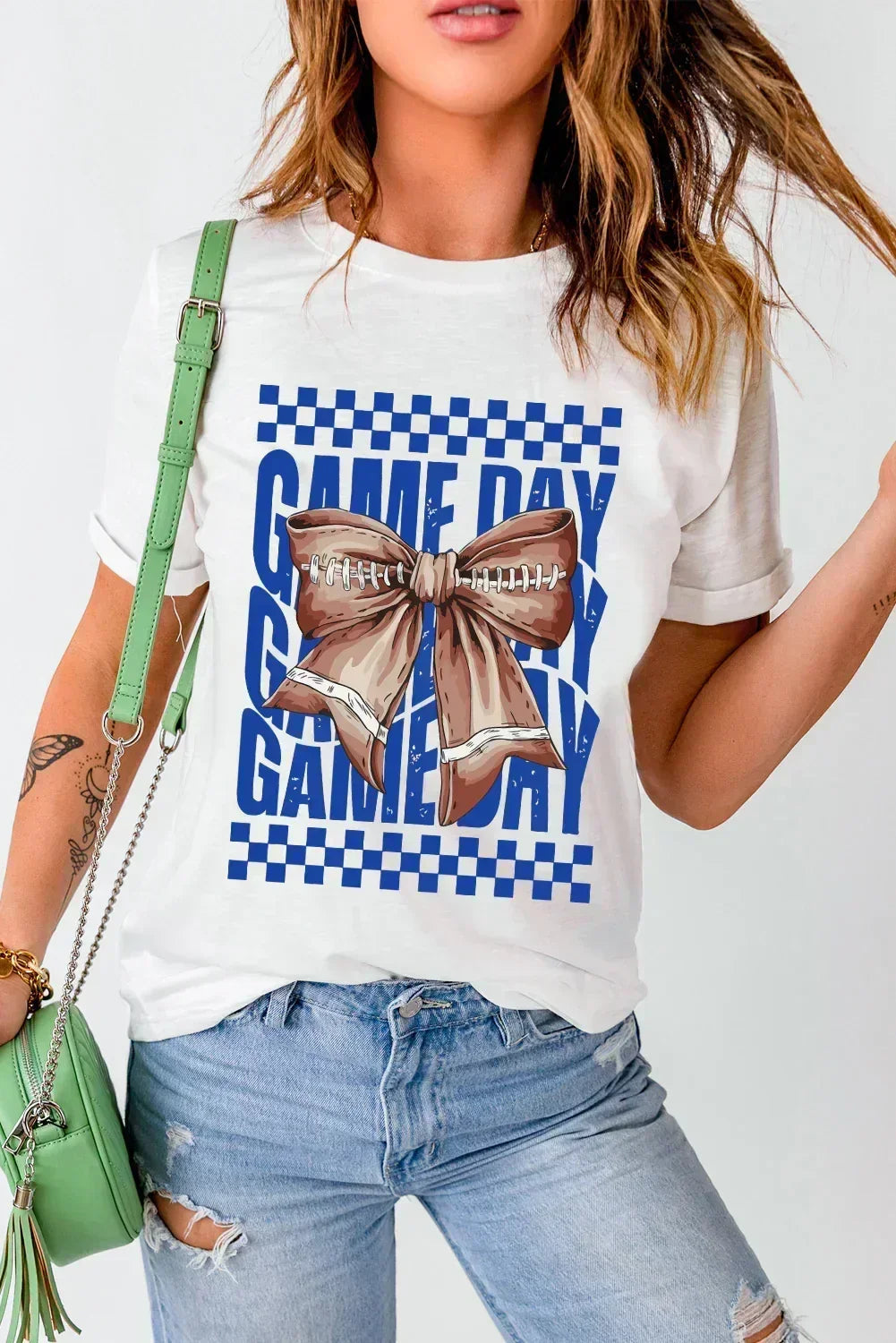 White Football Bow Game Day Crewneck T Shirt