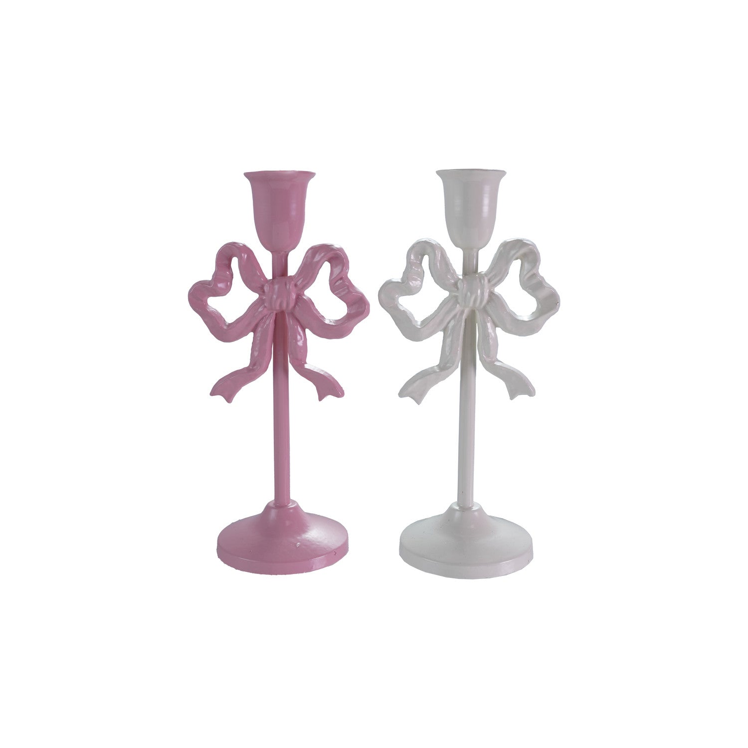 Cast Iron Pink & White Bow Taper Candle Holders