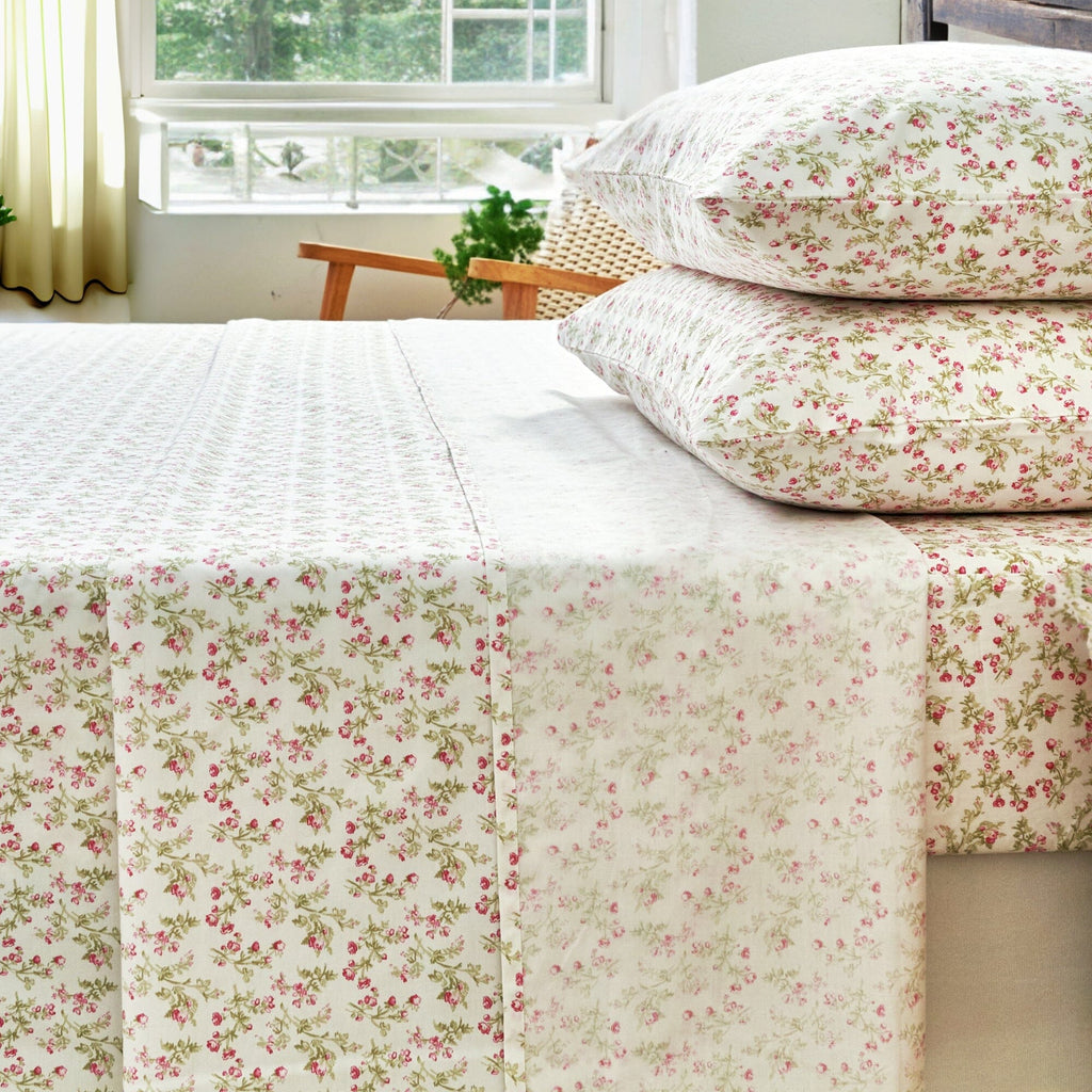 DaDa Bedding Collection Romantic Coquette Sheet Set - 100% Cotton [ Poplin Cotton ] Floral Fitted & Flat Sheets with Pillowcases - Deep Pocket Design - Soft, Breathable, Wrinkle-Resistant