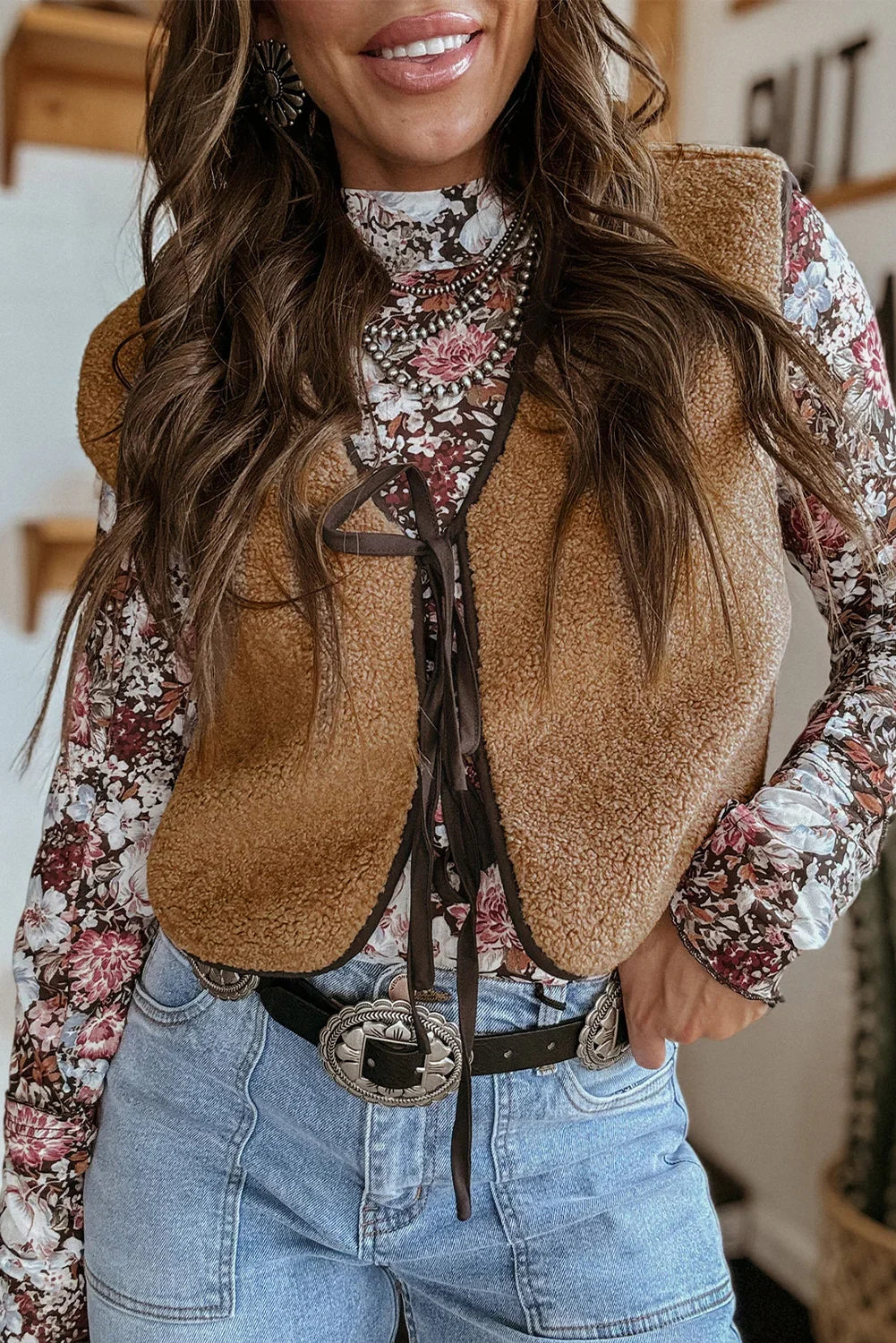 Light French Beige Fleece Tie Front Winter Vest