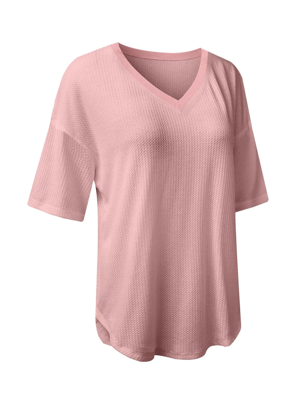 White Waffle Texture V Neck Drop Shoulder Loose Tee