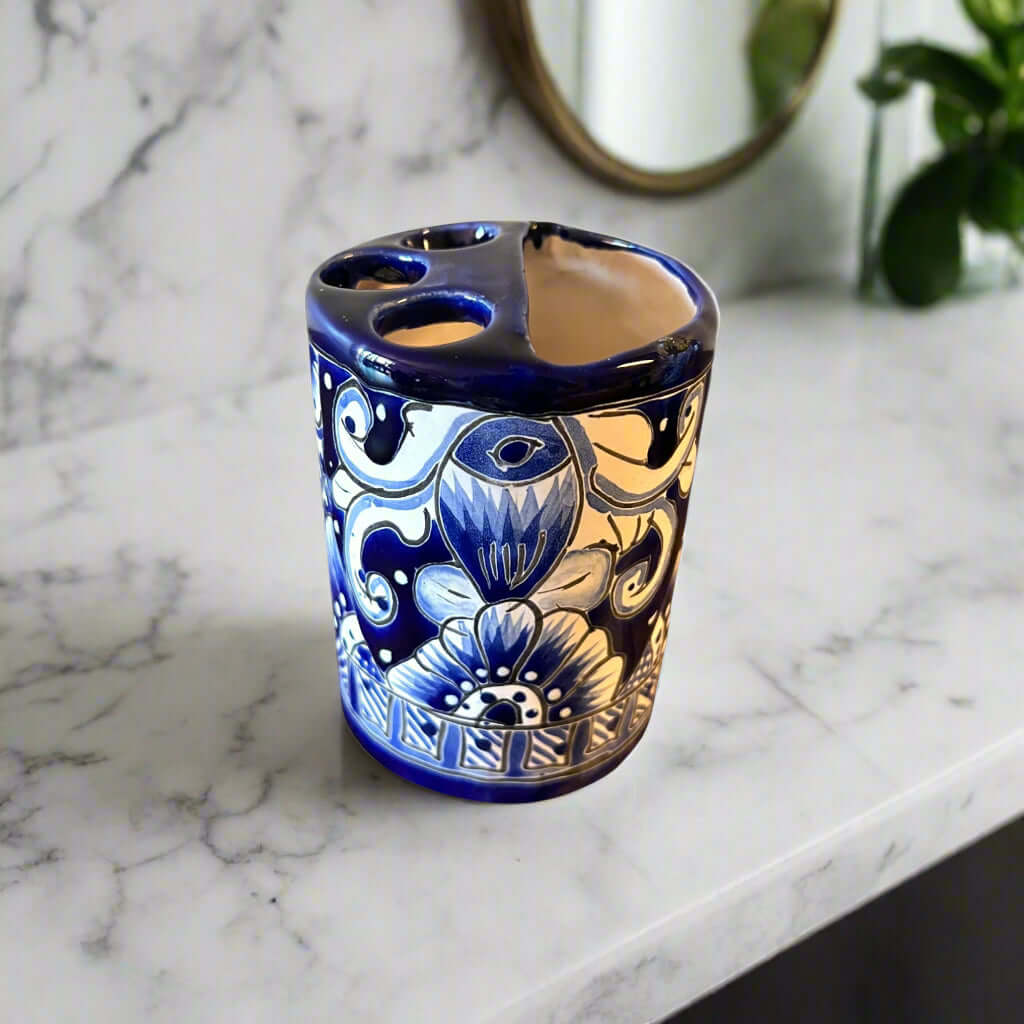 Hand-Painted Talavera Toothbrush Holder | Blue & White Ceramic