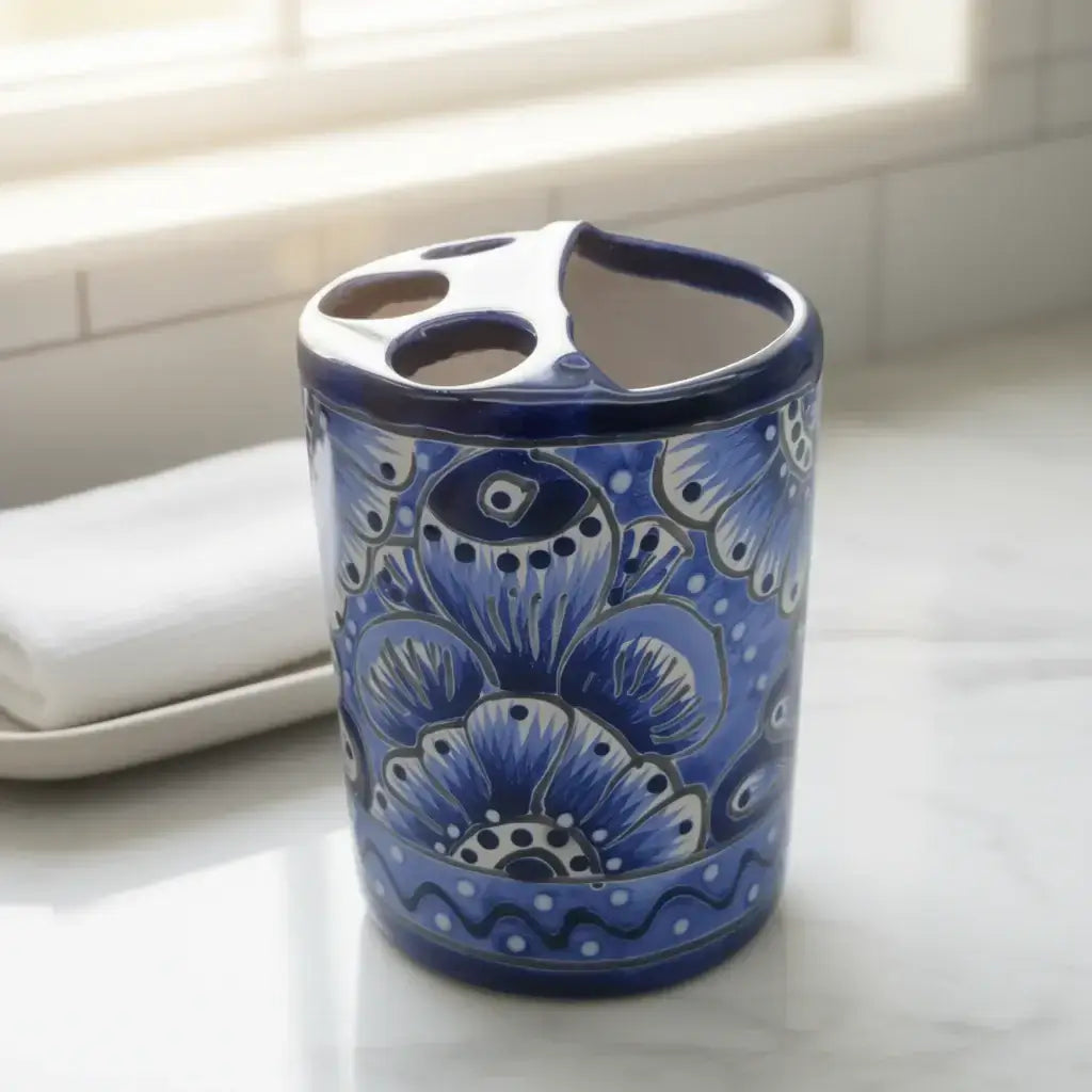Hand-Painted Talavera Toothbrush Holder | Blue & White Ceramic