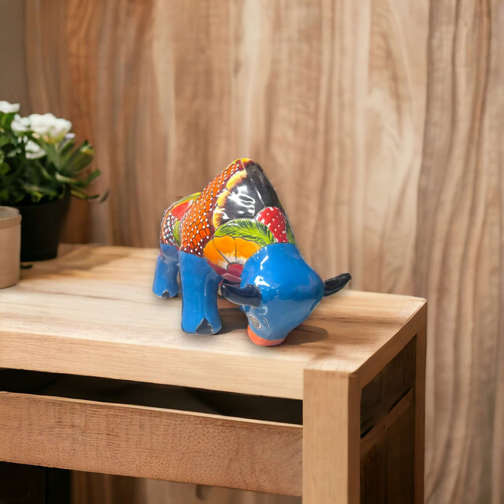 Talavera Bull Statue | Hand-Painted Mexican Ceramic Animal Decor
