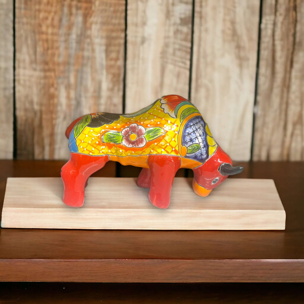 Talavera Bull Statue | Hand-Painted Mexican Ceramic Animal Decor
