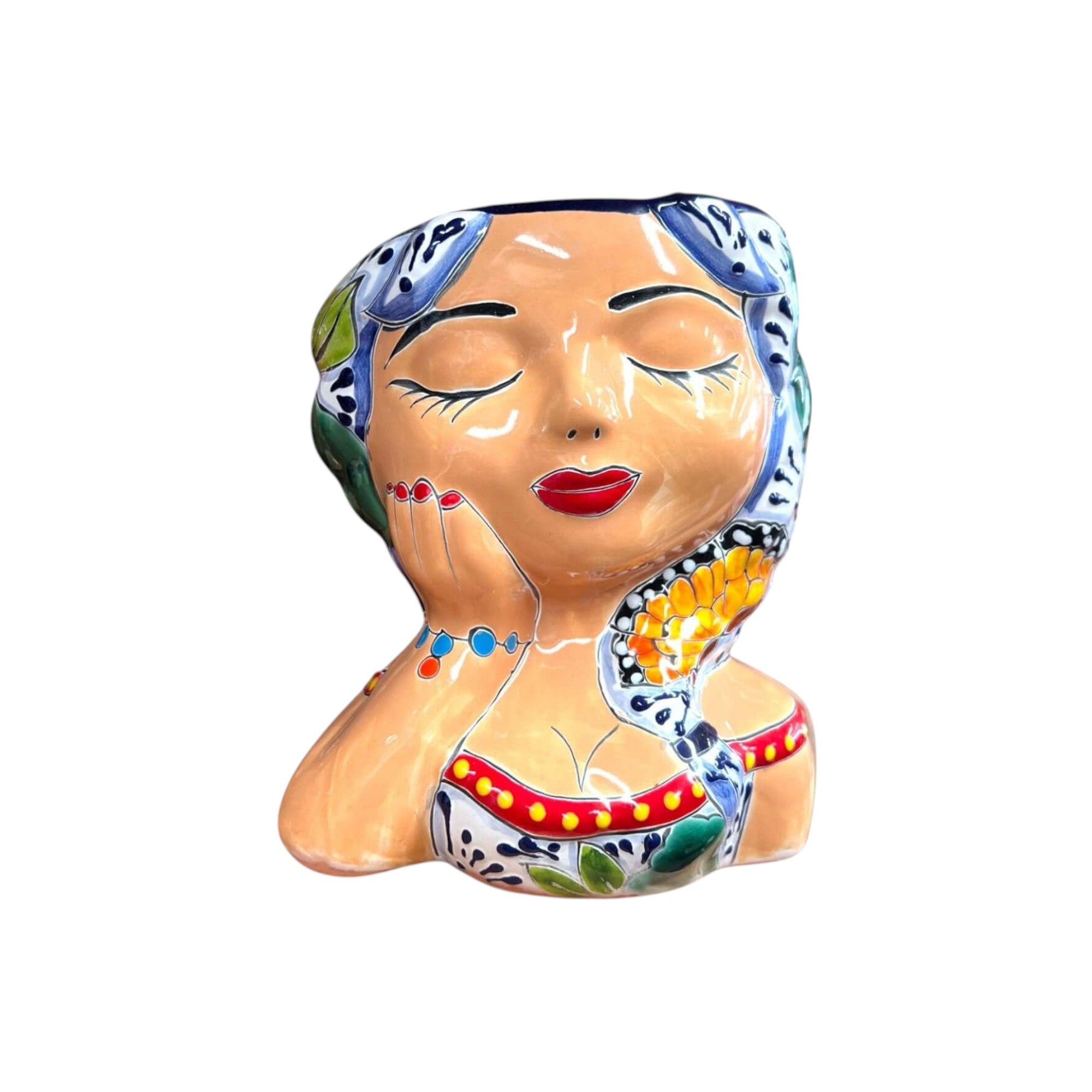 Hand-Painted Talavera Ceramic Lady Planter | Mexican Artwork Decor