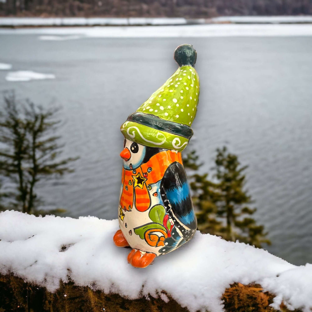 Hand-Painted Talavera Penguin Statue | Festive Christmas Decor