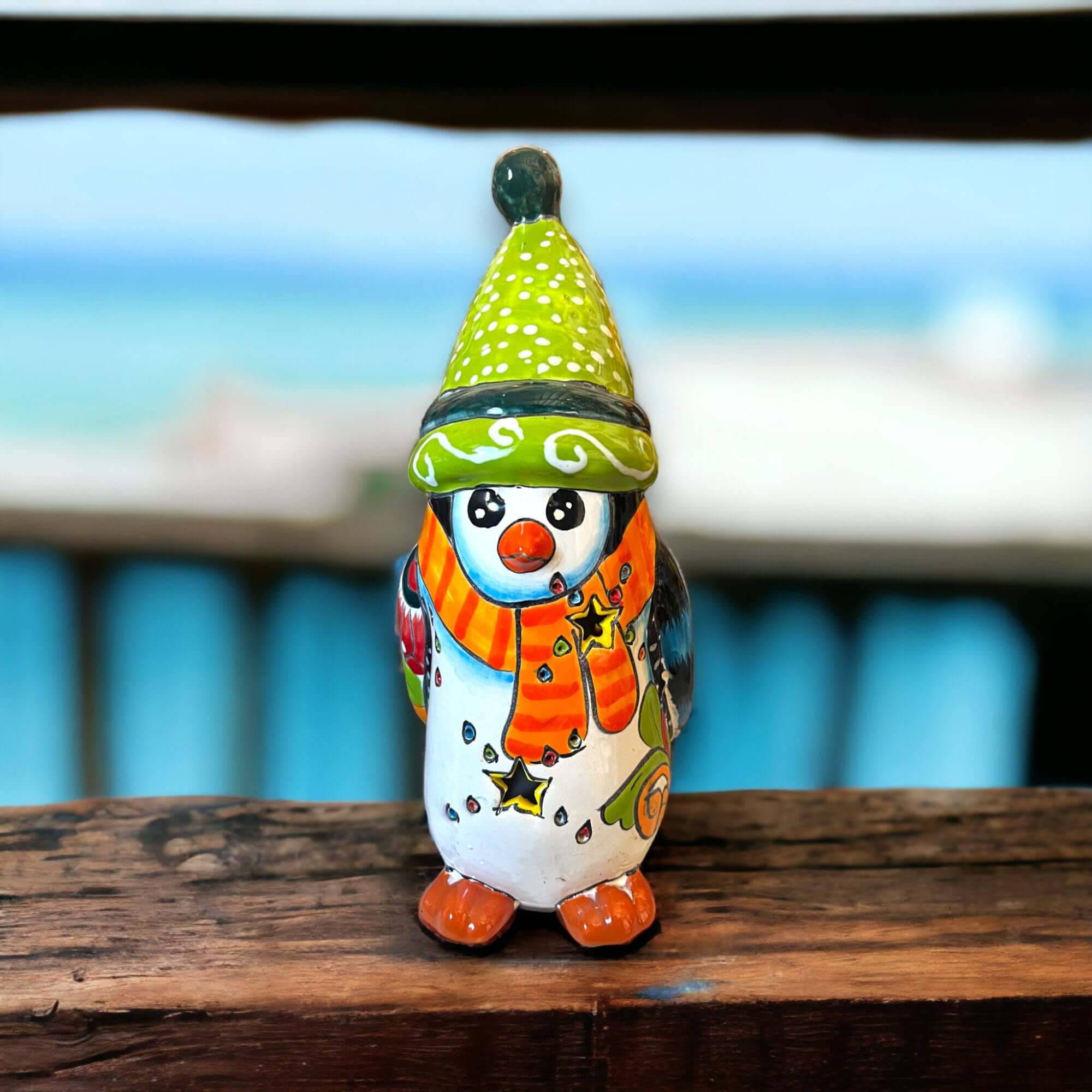 Hand-Painted Talavera Penguin Statue | Festive Christmas Decor