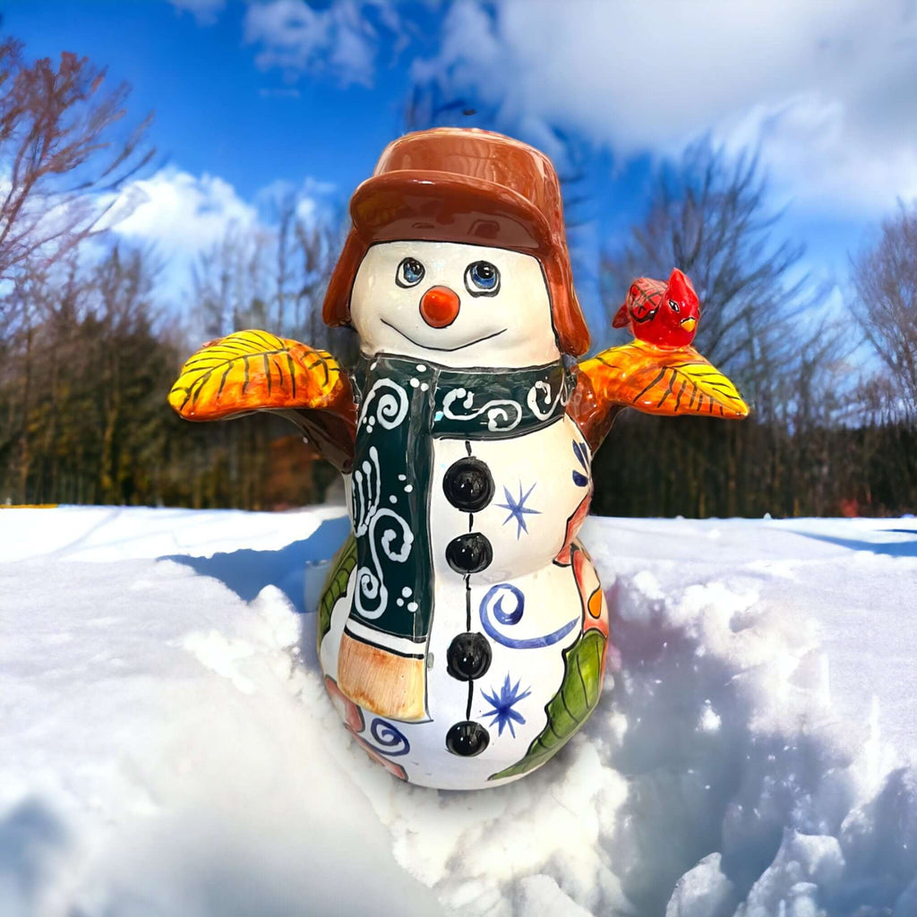 Hand-Painted Talavera Snowman Statue | Festive Christmas Decor