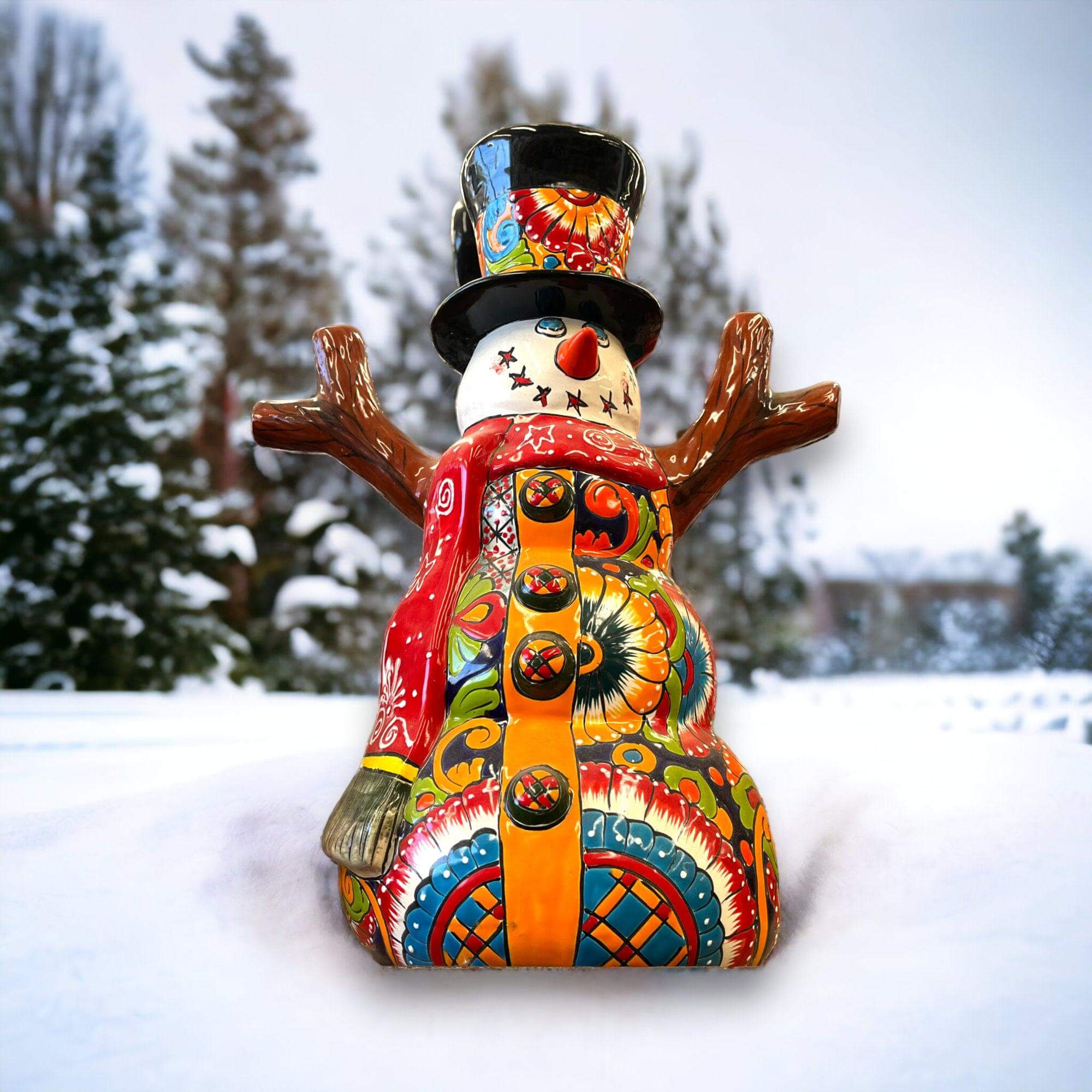 Hand-Painted Talavera Snowman Statue | Festive Christmas Decoration