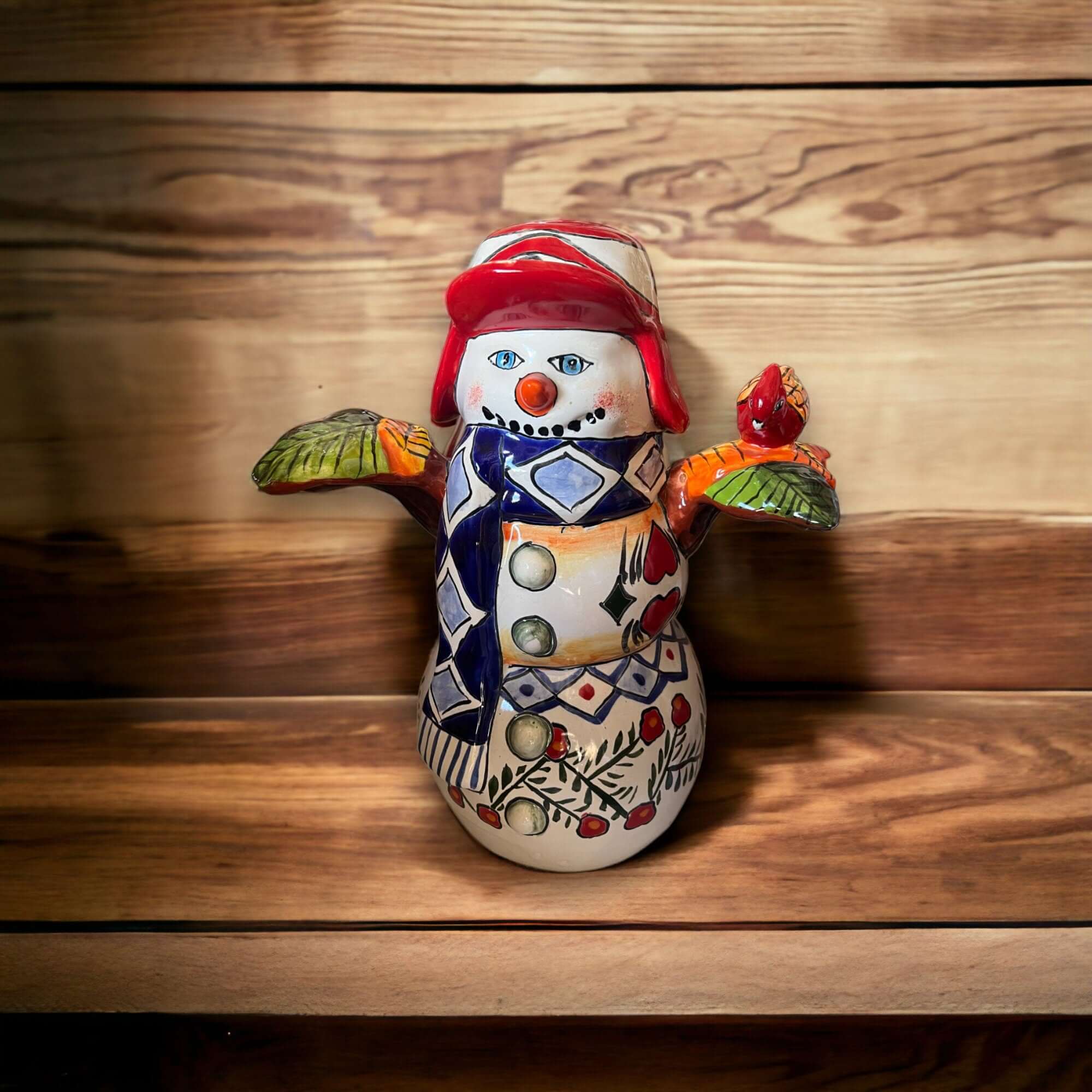 Hand-Painted Talavera Snowman Statue | Festive Christmas Decor